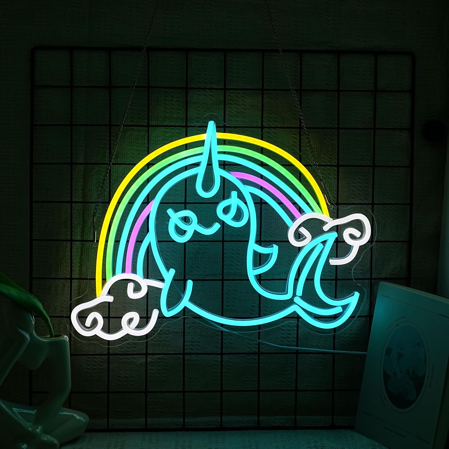 Rainbow Narwhal Neon Sign Dreamy Narwhal Led Sign Dimmable Rainbow Cloud Light up Sign Cute Fish Neon Light Decor for Bedroom Living Room Girl Dorm Shop Birthday Party Wedding Cartoon Lover