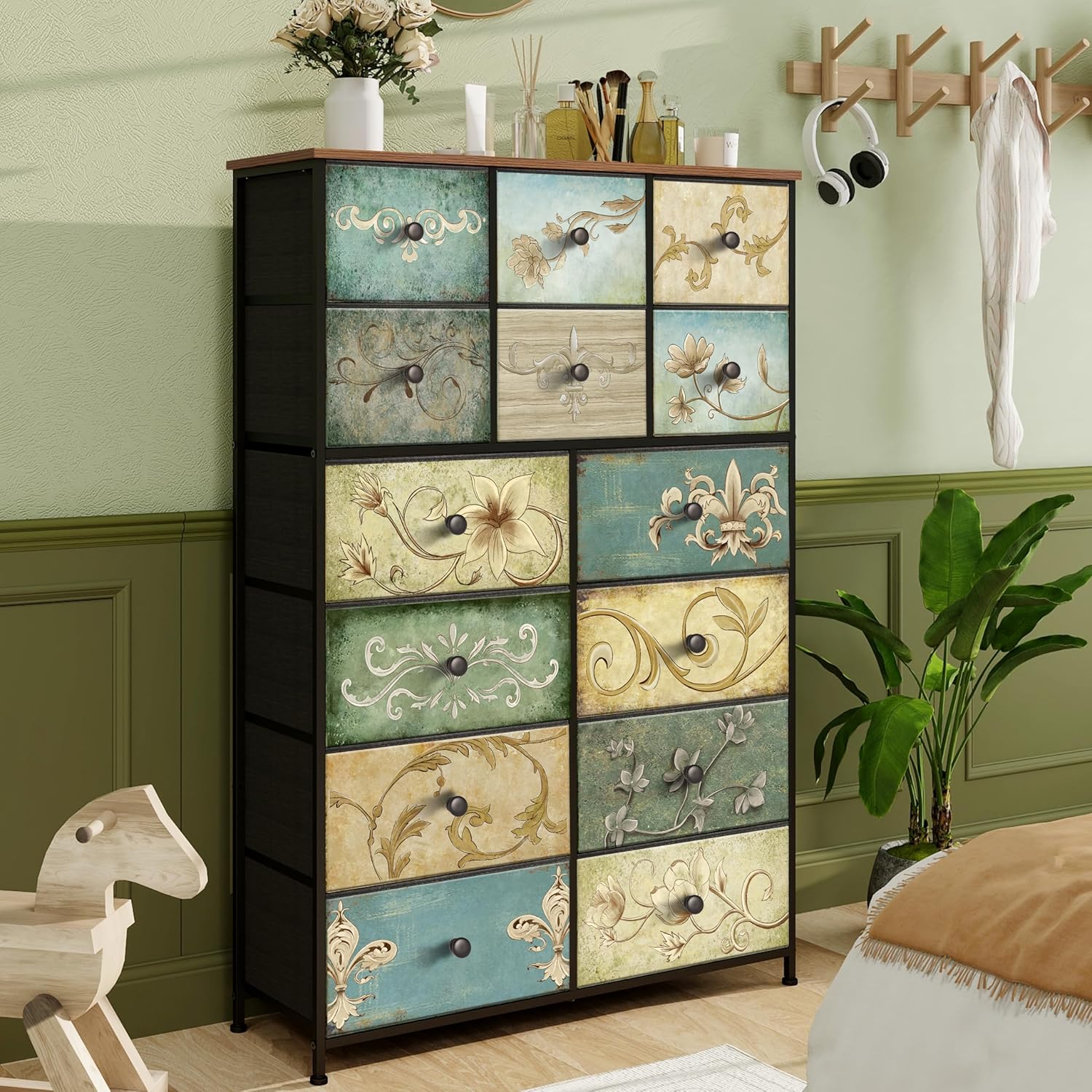 tohomeor dresser with drawers for bedroom chest of drawers fabric dresser for closet,nursery entryway hall tree tv stand for living room retro floral pattern drawers wooden top (14 drawers) 11.8"d x 39"w x 57"h (14 drawers)