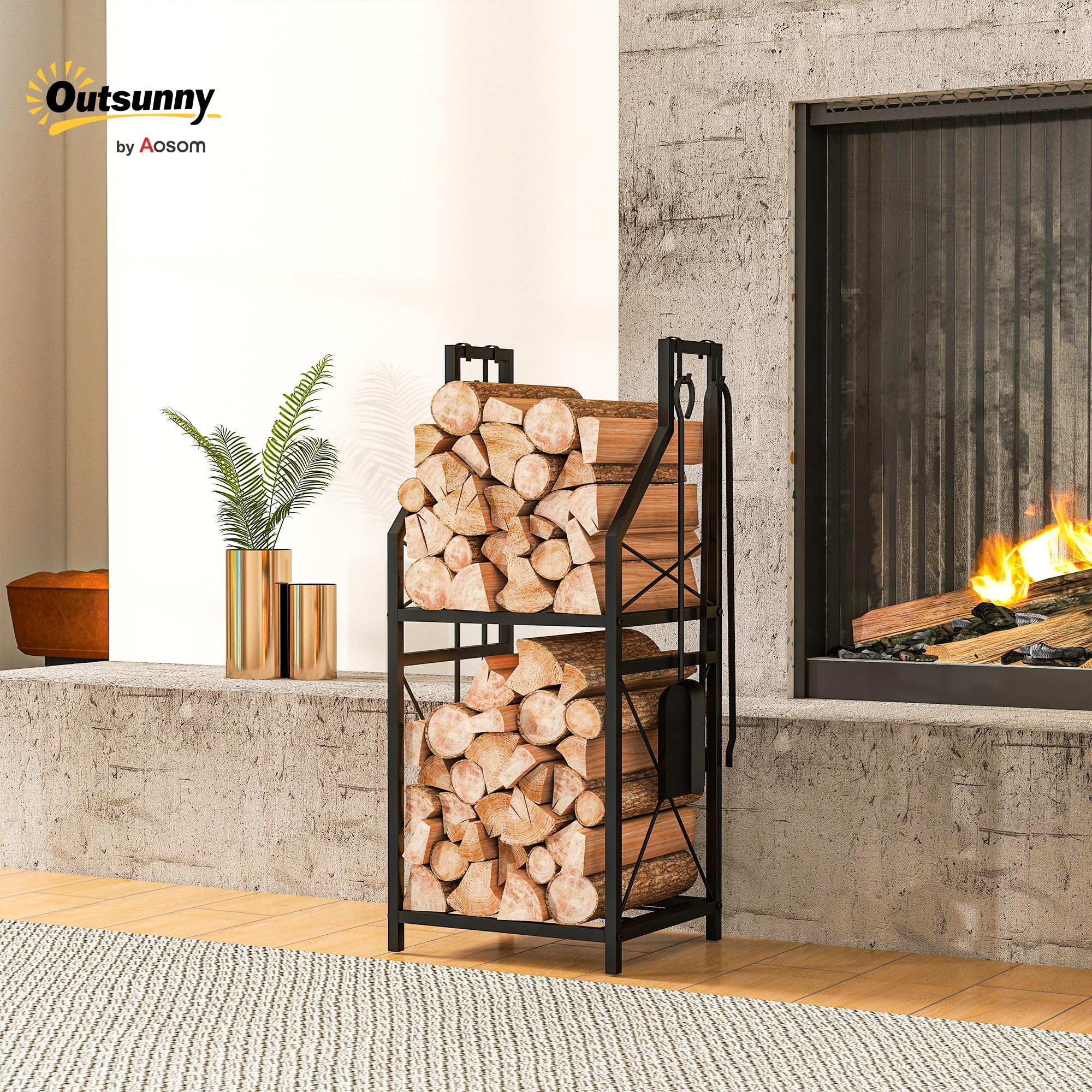 Outsunny Estante de Leña Metálico de Chimenea, Soporte para Leña de 2 Niveles, Leñero Exterior con 4 Herramientas, Ganchos y Base Elevada, para Interior y Exterior, 34x30x80 cm, Negro
