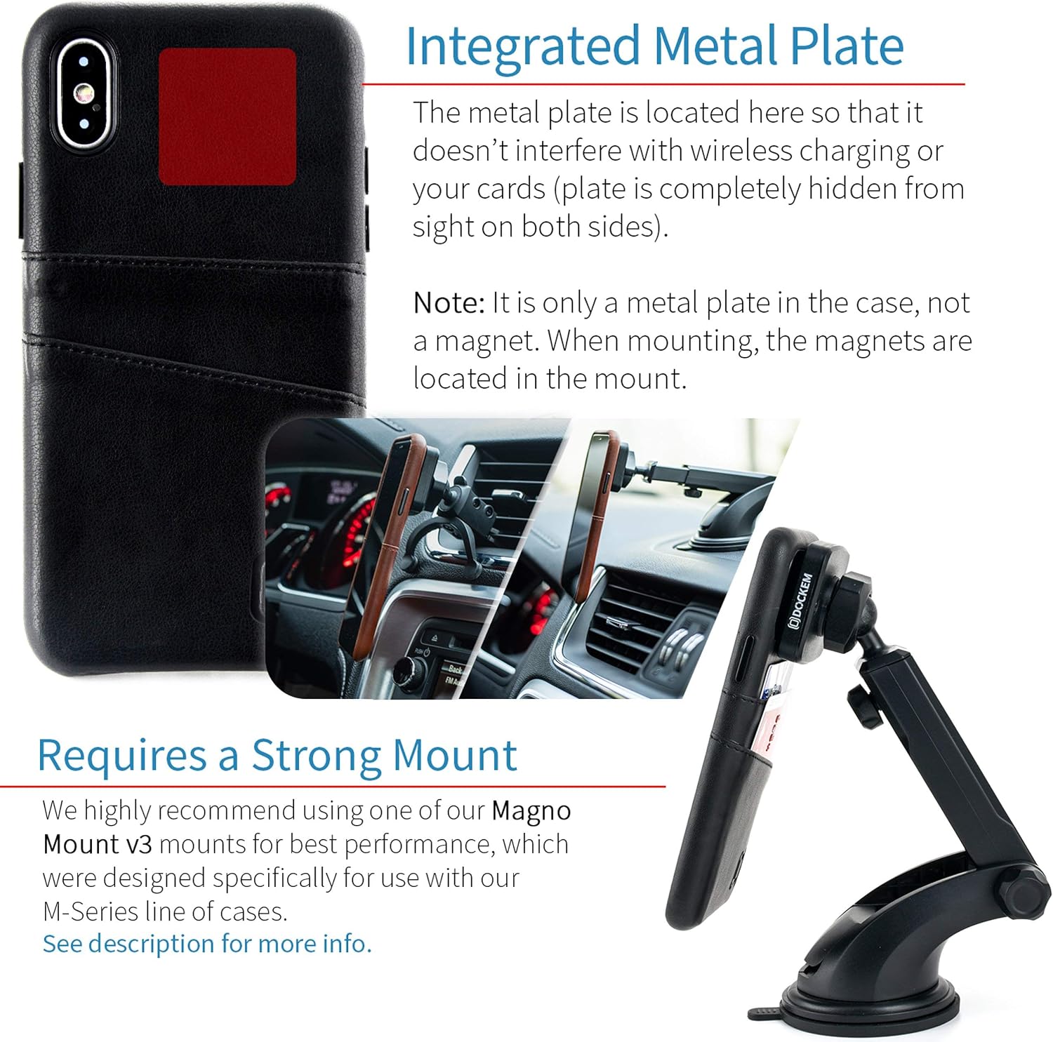 Dockem Wallet Case for iPhone X/XS: Built-in Metal Plate for Magnetic Mounting & 2 Credit Card Holders, (5.8" Exec M2, Synthetic Leather, Black)