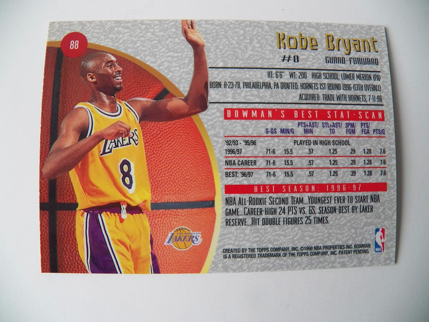 1997-98 Bowman KOBE BRYANT Los Angeles NM-MT Bowman's Best #88 NBA Basketball Card L.A. Lakers