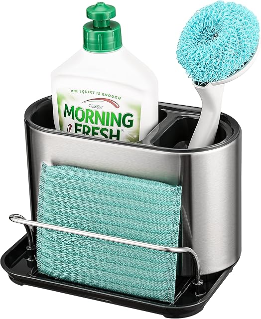 Bingobang Sink Caddy Tidy Stainless Steel,Kitchen Sink Cleaning Organiser with Sponge Holder,Removable Drip Tray,Sliver & Black