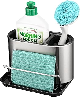 Bingobang Sink Caddy Tidy Stainless Steel,Kitchen Sink Cleaning Organiser with Sponge Holder,Removable Drip Tray,Sliver & Black