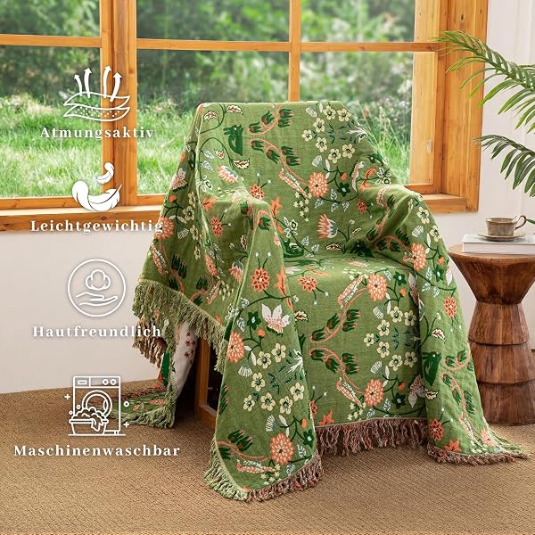 Boho Tagesdecke mit Fransen, 100% Baumwolle Doppelseitige Musselin Decke 150x200cm, Weiche Kuschelige Sofadecke & Bettüberwurf, Atmungsaktiv für Wohnzimmer Schlafzimmer Ganzjährige Nutzung - 5