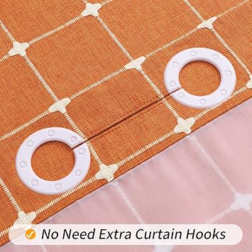 MitoVilla No Hooks Required Orange Shower Curtain with Snap-in Liner - with Window & Magnets, Boho Cotton Linen Fabric Shower Curtains with Tassels for Rustic Bathroom Decor, Burnt Orange, 72 x 74