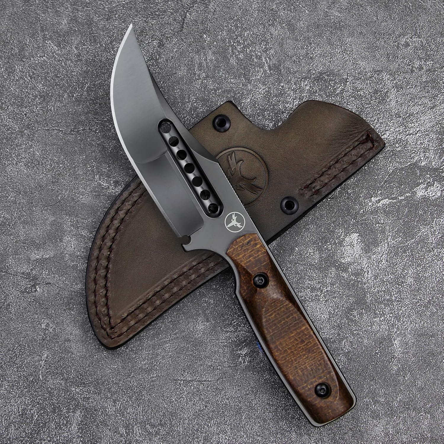 Persian Fixed Blade Knife - 4.13" Blade Sleipner Steel Tactical & Hunting Knife with Leather Sheath, Full Tang, 6mm Thick, G10 & Linen Micarta Handle for Outdoor Survival (Brown linen DLC coating​)