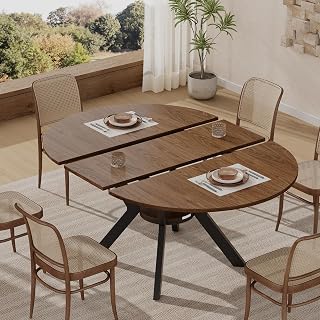 42"-58" Extendable Round Dining Table for 4-6, Kitchen Oval Table with Hidden Leaves & Storage Shelf, Space Saving Modern Design with Sturdy Metal Legs for Kitchen, Dining Room & Small Apartments - Amazon product rated Grade A