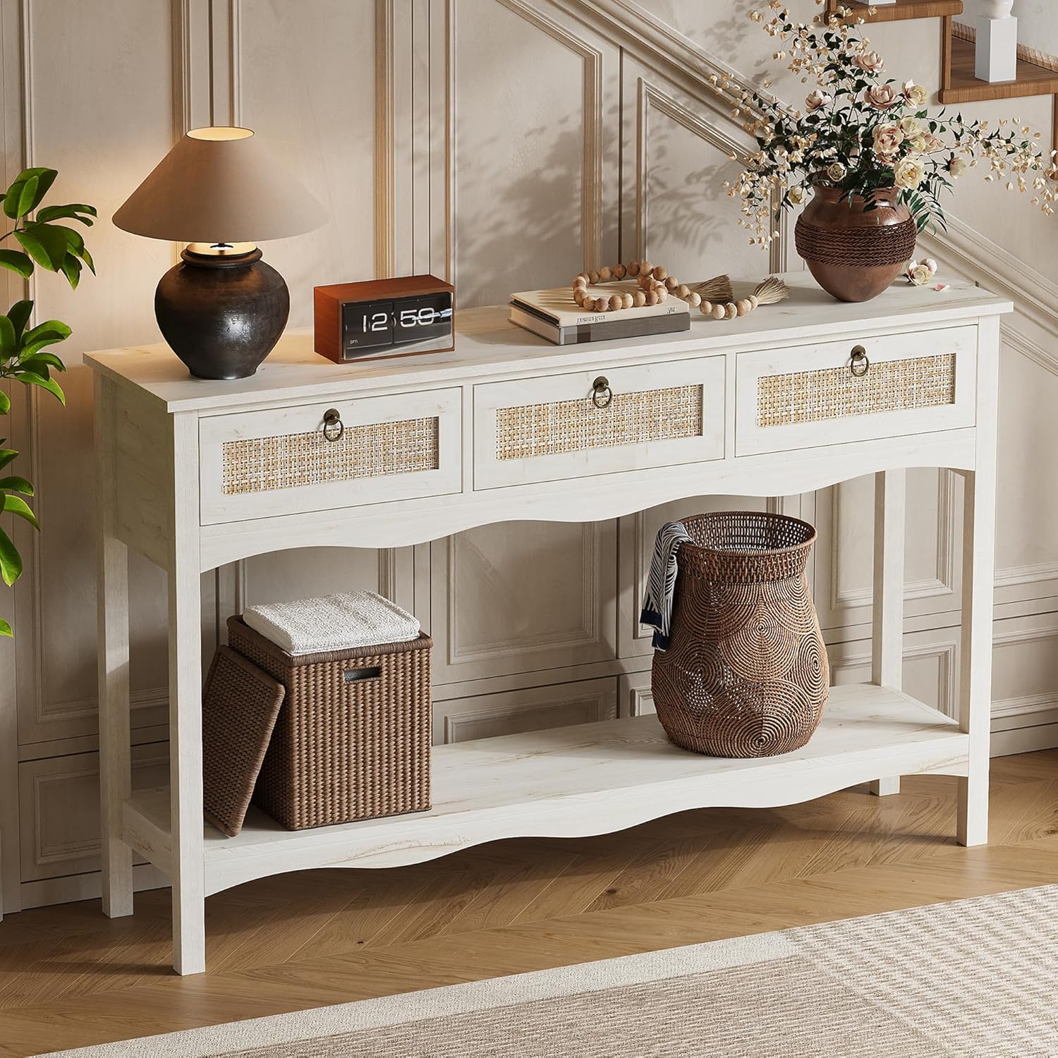 LAZZO Entryway Table 51" Narrow Console Table with Rattan Drawers,Storage Shelf and Bronze Handles Couch Table Behind Sofa for Living Room,Hallway and Foyer White Oak