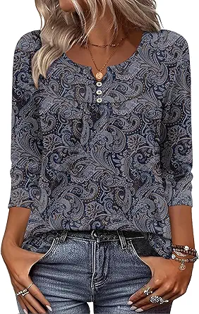 Zeagoo Women's 3/4 Sleeve V-Neck Floral T-Shirt