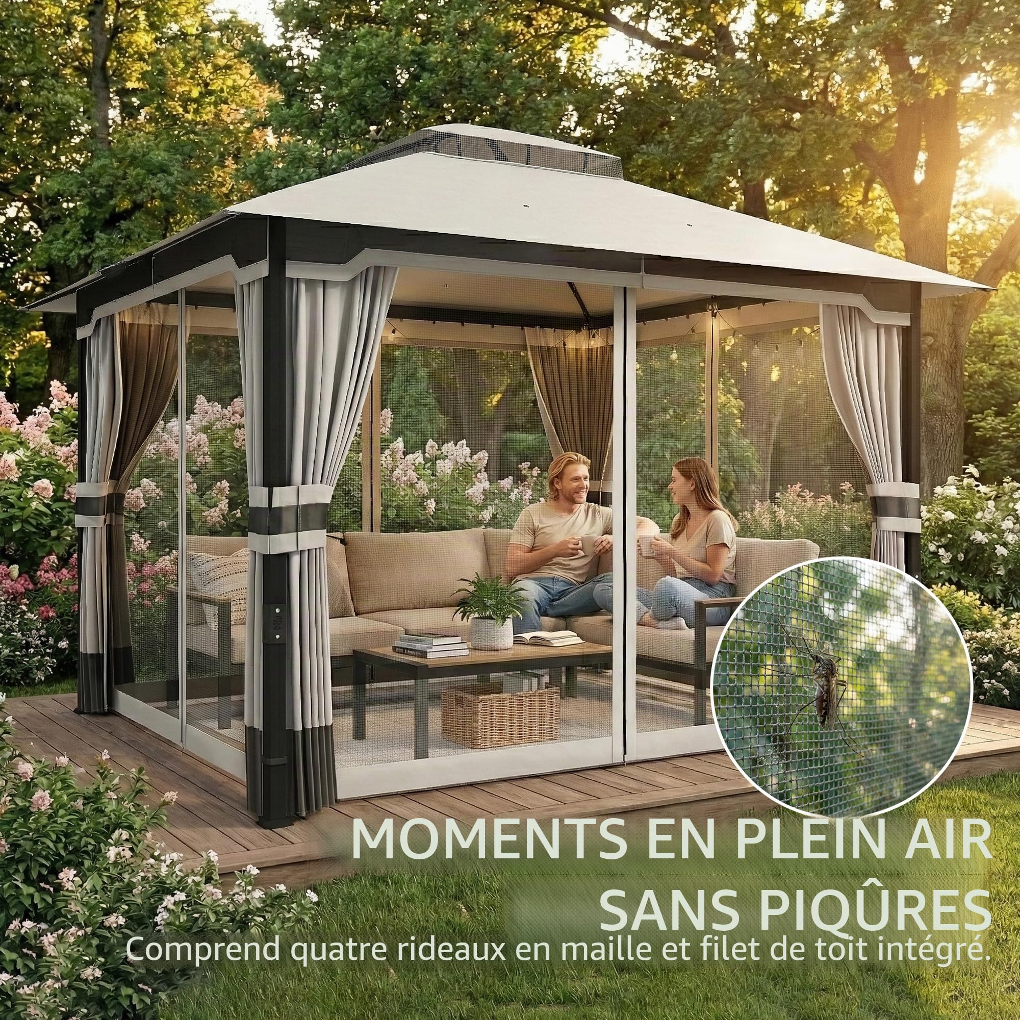 Outsunny Tonnelle de jardin 3x3,6 m, Pavillon de jardin Gazebo avec double toit, 4 parois latérales et moustiquaire, structure métallique, drainage, tente pour extérieur, terrasse, patio, gris clair