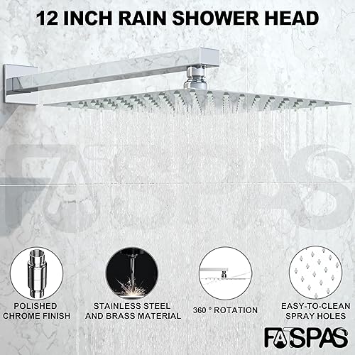 Miniatura 3 de Juego de grifo de ducha de 12 pulgadas, sistema de ducha de lluvia con cabezal de ducha de lluvia fijo cuadrado y cabezal de ducha de mano de alta