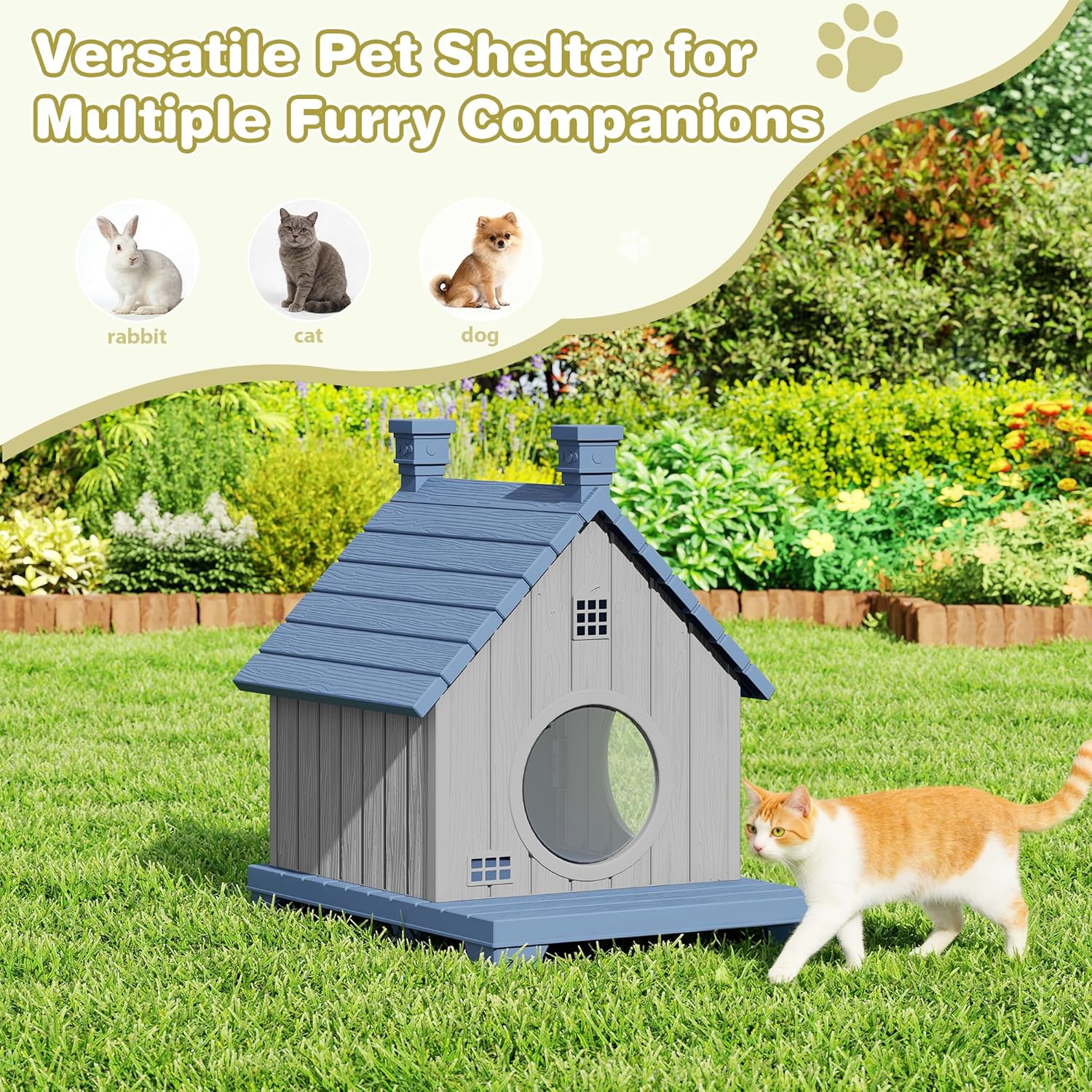 Outdoor Cat House Weatherproof, Durable Resin Cat Houses for Outdoor Indoor Cats, Litter Box Enclosure with Elevated Base, Anti-Slip Pad, Ventilation, Blue