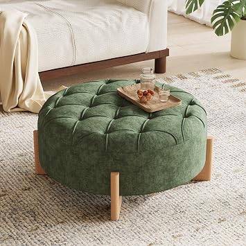32" Round Tufted Chenille Fabric Ottoman with Solid Wood Legs, Modern Coffee Table with Tufted Buttons