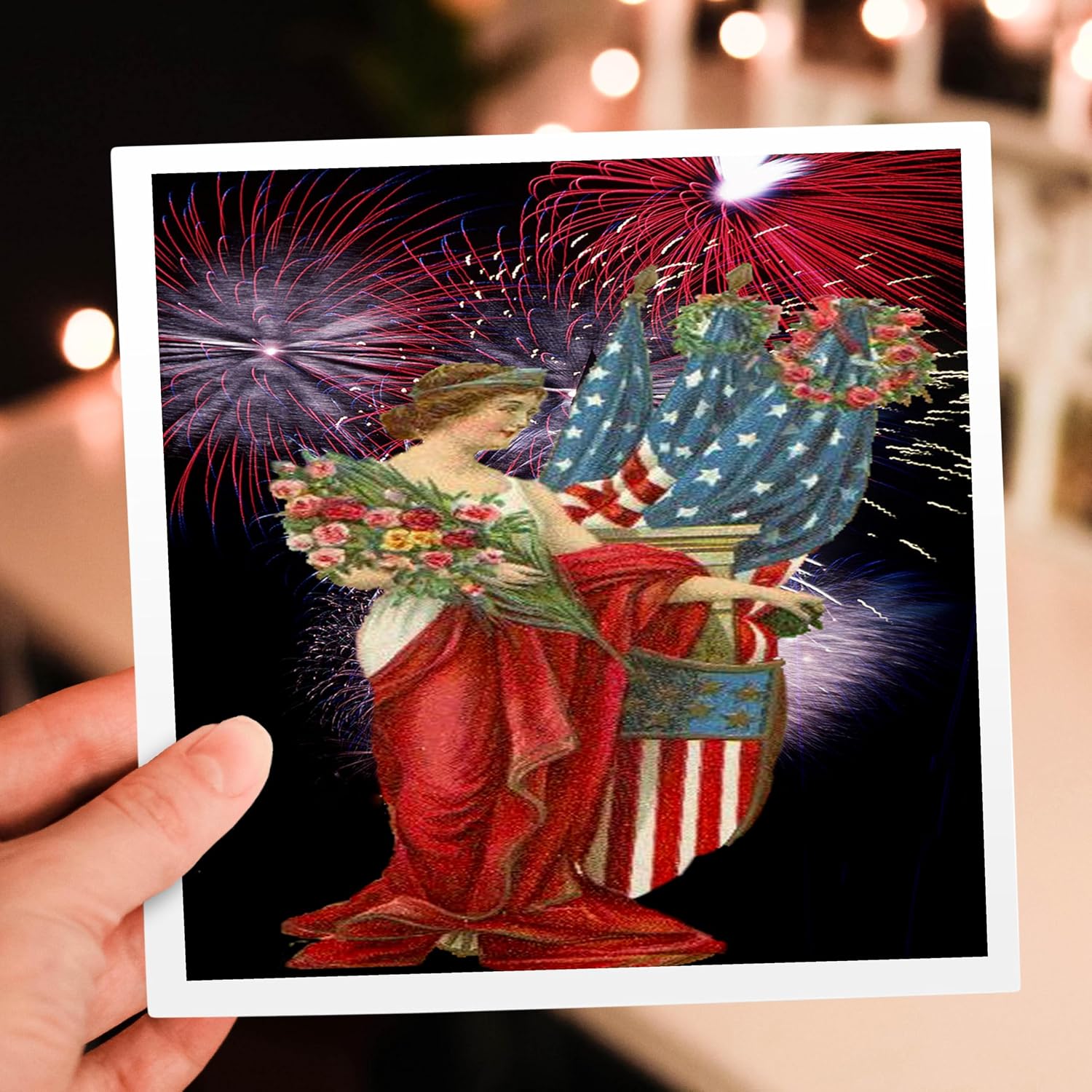 3dRose Vintage Lady and Fireworks - Greeting Cards, 6 x 6 inches, set of 12 (gc_14250_2)