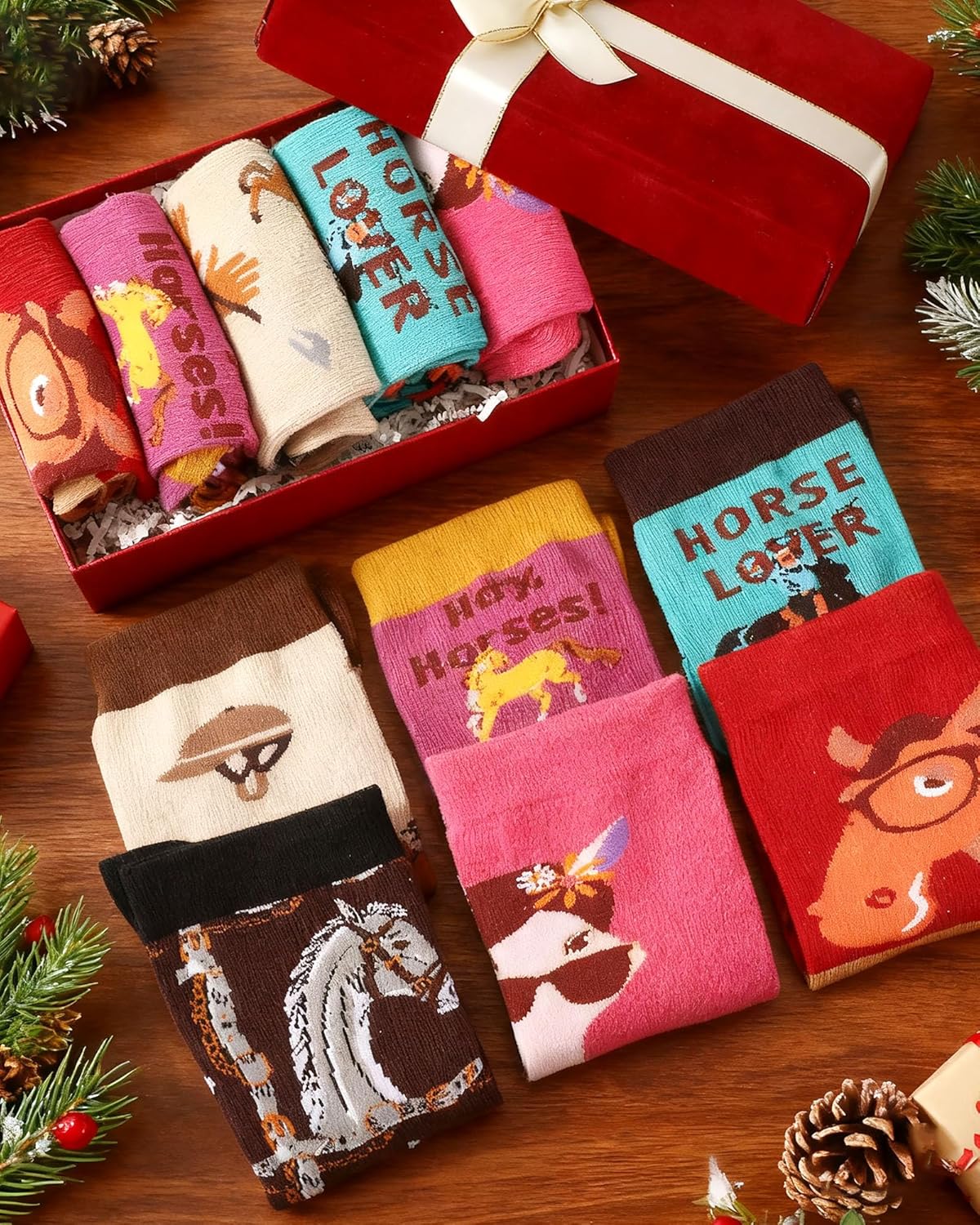 Berlune 6 Pairs Funny Horses Riding Socks for Women Long Equestrian Knee High Socks Cotton Novelty Cute Western Cowboy Stockings for Horse Lovers Gifts Party Favors - Image 3