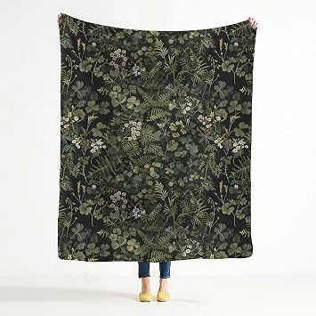 Dark Green Botanical Blanket, Vintage Nature Fern Leaf Clover Herb Plant Wildflower Throw Blanket for Home Living Room Bedroom Couch Bed Decor, Cottage Core Decor, 50x60 Inches