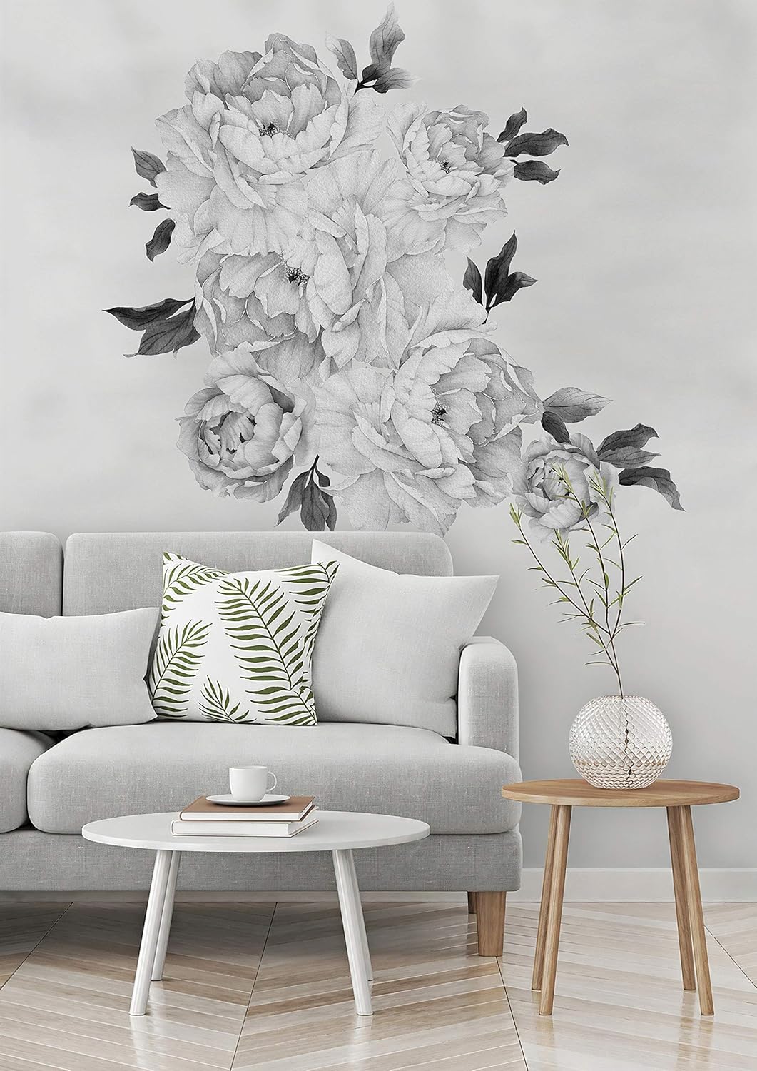 Murwall Floral Peony Wall Decal Black and White Florals Removable Peel and Stick Monochrome Flower Bouqet Wall Sticker Livingroom Entryway