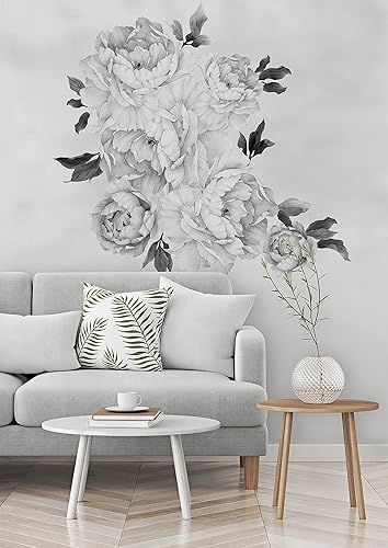 Miniatura 2 de Murwall Floral Peony Wall Decal Black and White Florals Removable Peel and Stick Monochrome Flower Bouqet Wall Sticker Livingroom Entryway