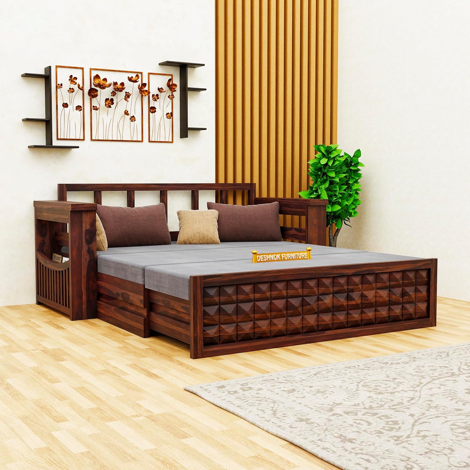 Wooden Sofa Cum Bed with Storage | Sheesham Wood Convertible Bed | Wooden Diwan Sofa Bed with Storage | Living Room Furniture for Modern Homes (Walnut Finish) Wooden Sofa Cum Bed with Storage | Sheesham Wood Convertible Bed | Wooden Diwan Sofa Bed with Storage | Living Room Furniture for Modern Homes (Walnut Finish)