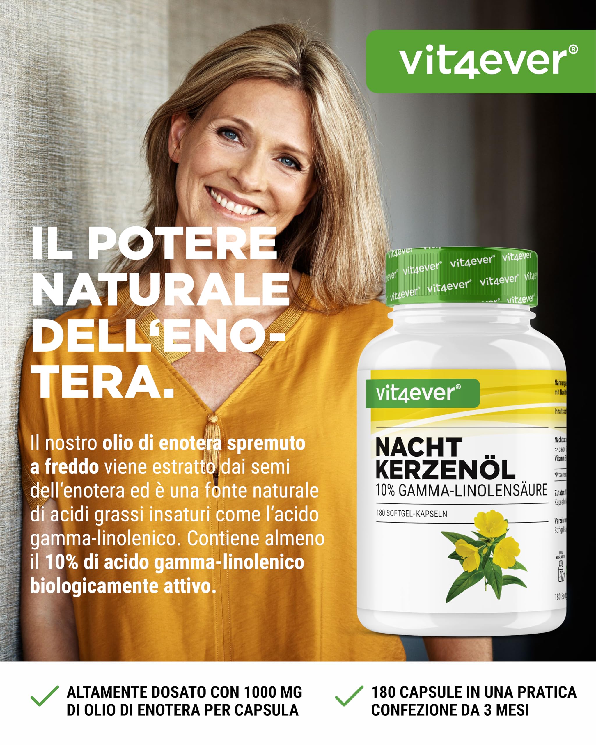 Olio di enotera - 180 capsule - Altamente dosato con 2000 mg per dose giornaliera - Premium: 10% acido gamma-linolenico GLA, con vitamina E naturale e pressato a freddo