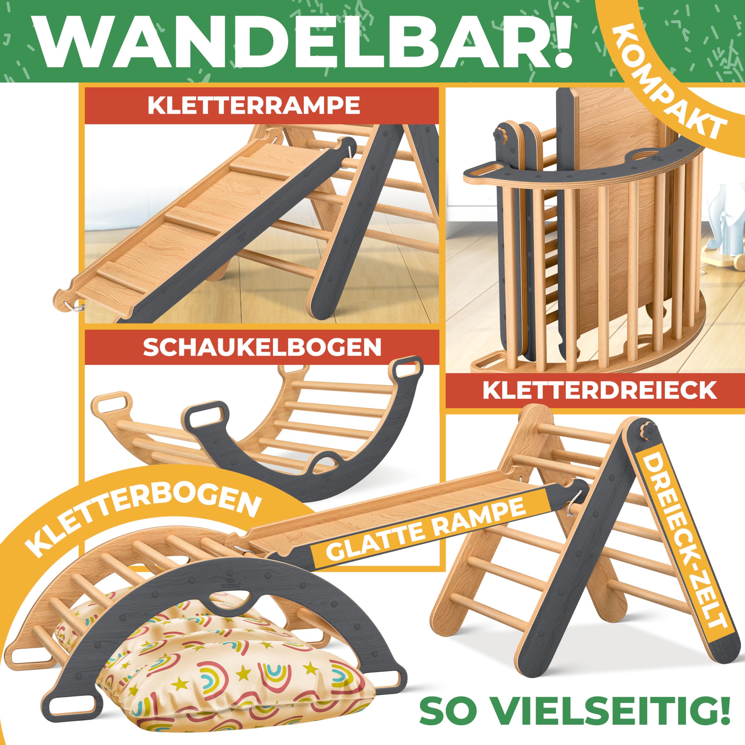 Kidiz® Klettergerüst Montessori 7in1 Spiel-Set mit Kletterbogen Rutsche Kletterdreieck aus Holz inklusive Kissen, Tafel & Lern-Uhr | Indoor Spielplatz für Kleinkinder ab 1 Jahr & Kinder bis 3 Jahre