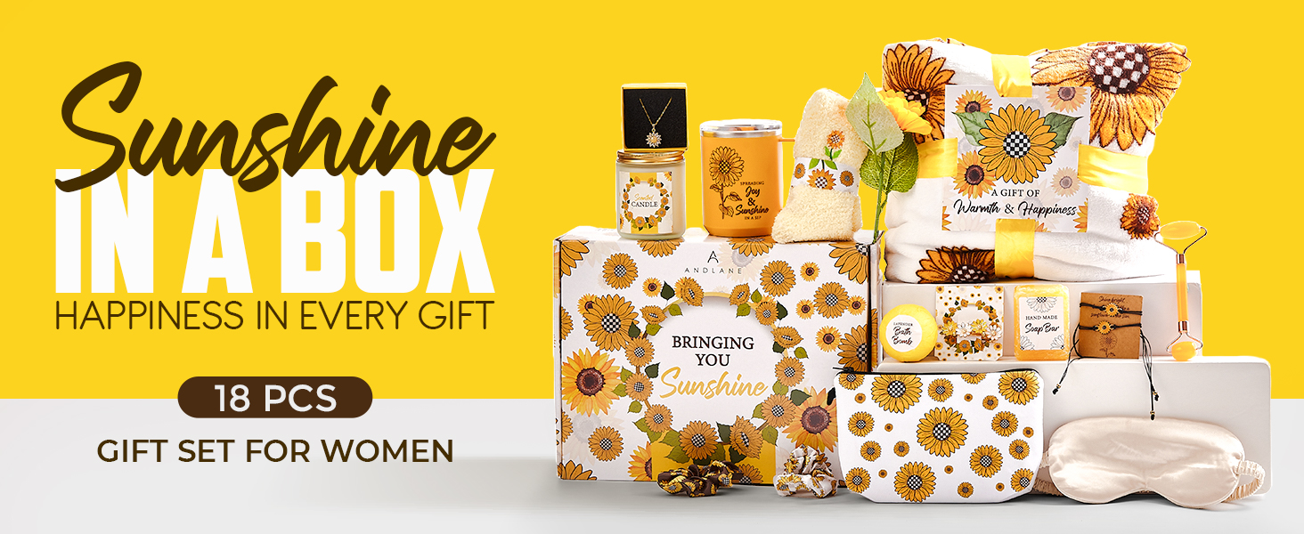 Andlane Sunflower Gifts for Women - Unique Gift Basket Set - Birthday Gifts for Women, Best Friend, or Sister - Sunshine Box Care Package, Get Well Soon, Thinking of You, Friendship Basket 18Pcs Large
