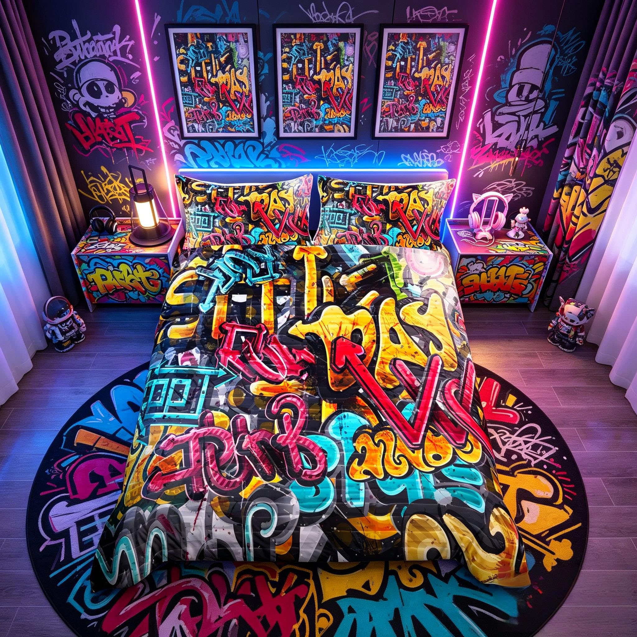 Loussiesd Hippie Graffiti Bedding Set Hip Hop Decor Comforter Cover for Boys Girls Teens Graffiti Pattern Duvet Cover Street Culture Decor Bedspread Sports Theme Room Decor Quilt Cover Cot Size — image 1
