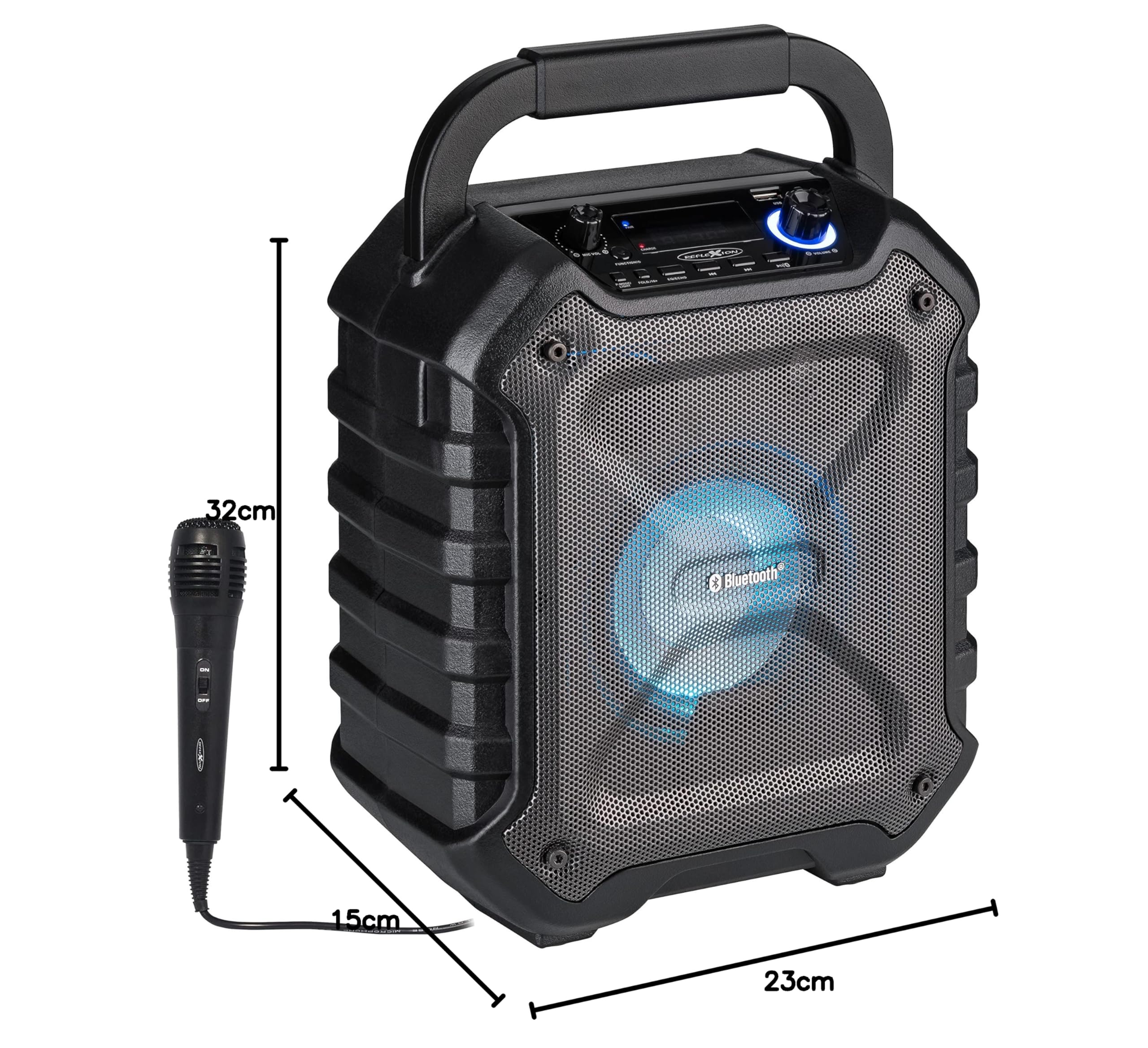 REFLEXION PS06BT kompakte PA-Anlage, mobil mit Akku, Lichteffekten und Karaoke-Funktion, inklusive Mikrofon (Bluetooth, USB, AUX, 160 Watt), schwarz