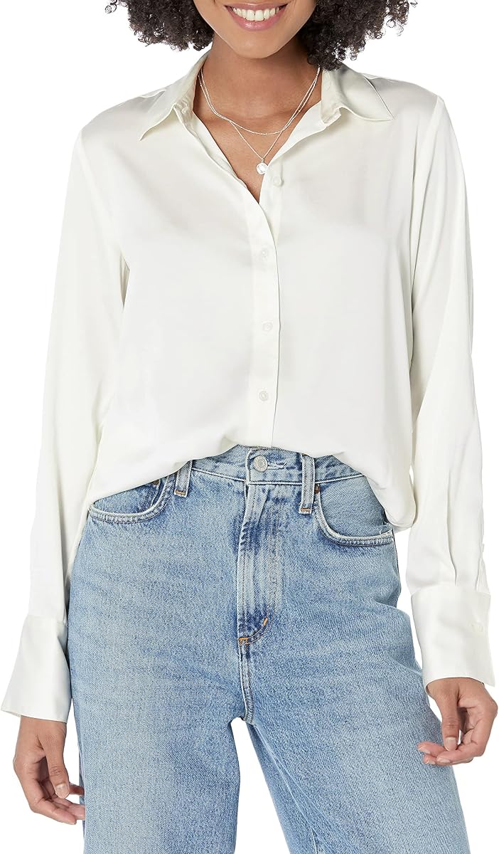 Amazon Essentials Women's Regular-Fit Satin Button Down Shirt (Available in Plus Size)