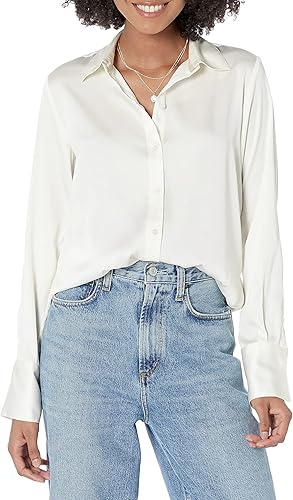 Tienda Essentials Blusa de satén con botones de ajuste regular para mujer (disponible en tallas extragrandes)