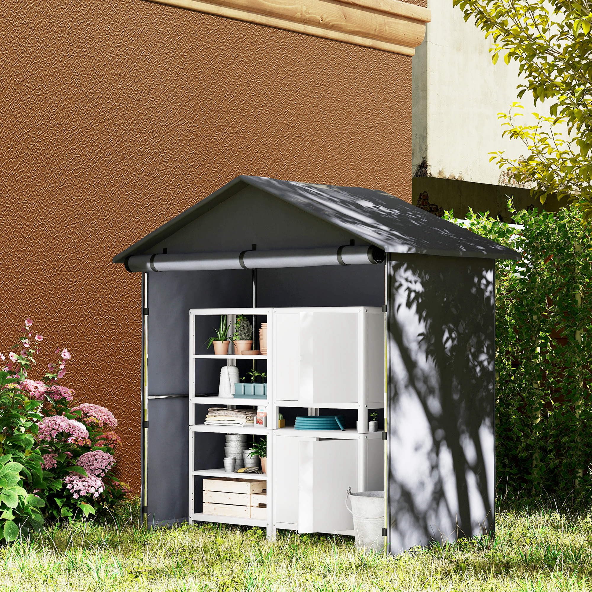 Outsunny Tente de Garage 1,1x2 m avec entrée Enroulable, Cordes et piquets, Acier galvanisé et Oxford 420D Tente de Garage extérieure, pour vélos et Outils de Jardin, UV30+, Gris foncé