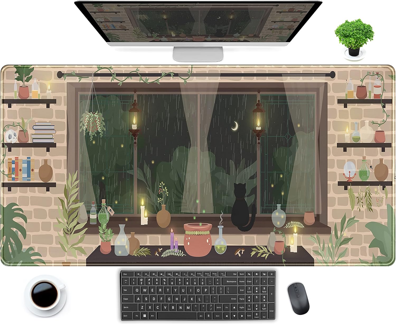 Cute Beige Brown Anime Desk Mat Kawaii Rainy Night Moonlight Witch XXL