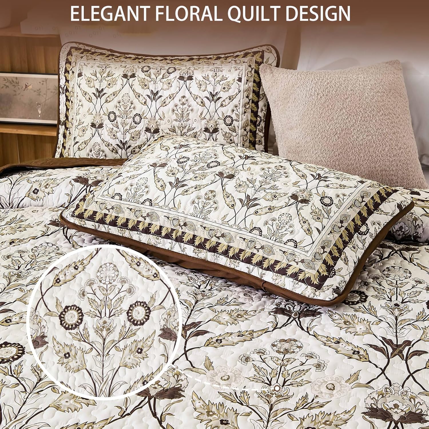 DJY King Size Quilt Sets, Brown Floral Quilt Set King 3 Pieces Boho Bedspread Coverlet Set with 2 Pillowcases Soft Lightweight Microfiber Bedding for All Season (104"x90") - Image 3