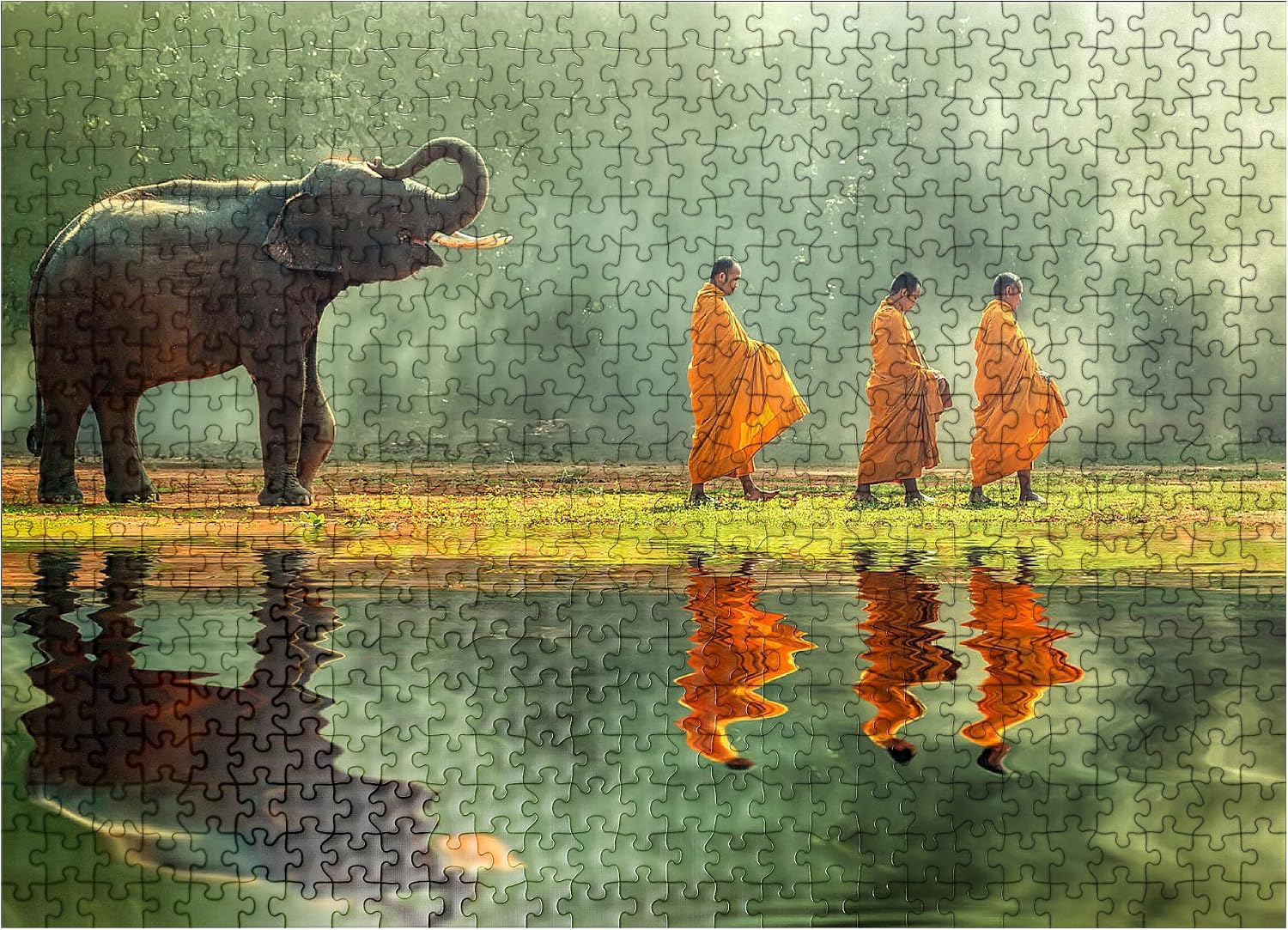 MyPuzzle Young Elephants with Monk Sallies Round - Premium 500 Piece Jigsaw Puzzle for Adults