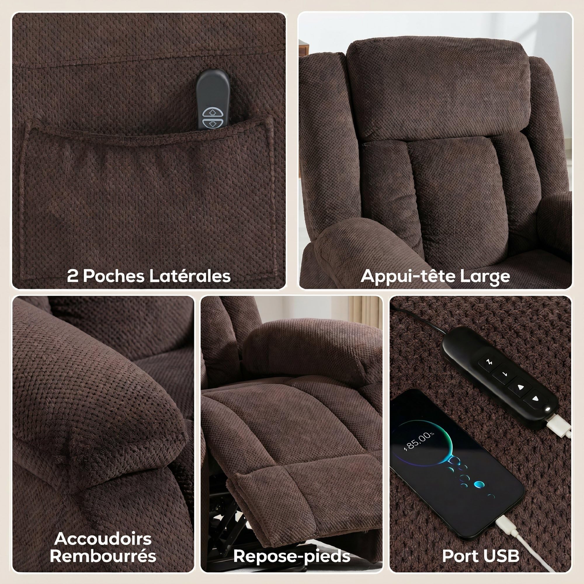HOMCOM Fauteuil Releveur Électrique Dossier Inclinable Assise Large Marron