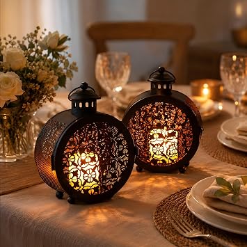 TRIROCKS Vintage Metal Candle Lanterns Set of 2, Round Hollow Metal Openwork Hanging Candle Holders 7.5" H, Decorative Vintage Lanterns for Centerpieces, Indoor Outdoor Weddings Patio Garden Black
