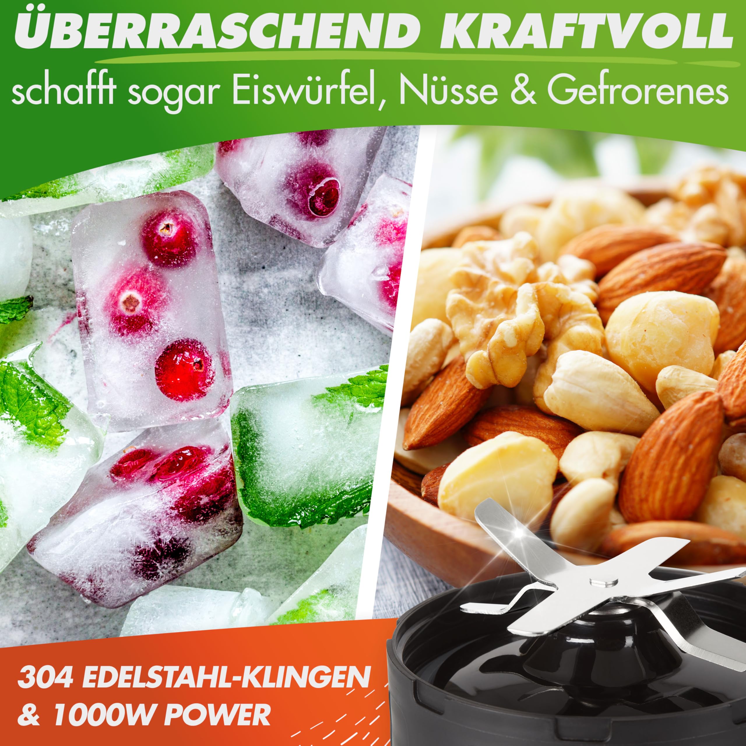 Nutrilovers Smothiemaker NUTRI-BLENDER Smoothie-Maker to go 1000 Watt Mixer Smoothies Auto-IQ, BPA-frei, Inkl. Rezeptbuch, 2x Becher & Zubehör