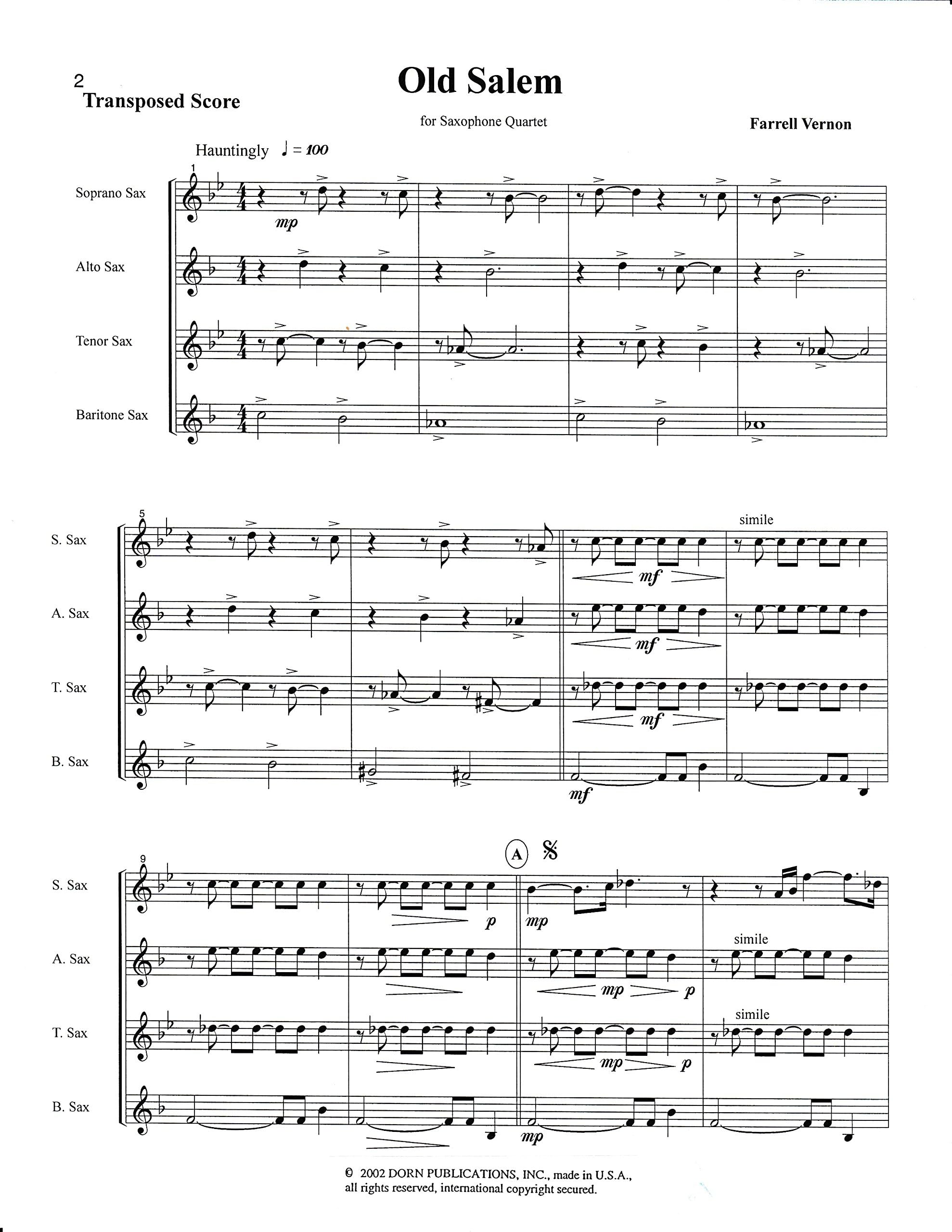 Old Salem for Saxophone Quartet by Farrell Vernon