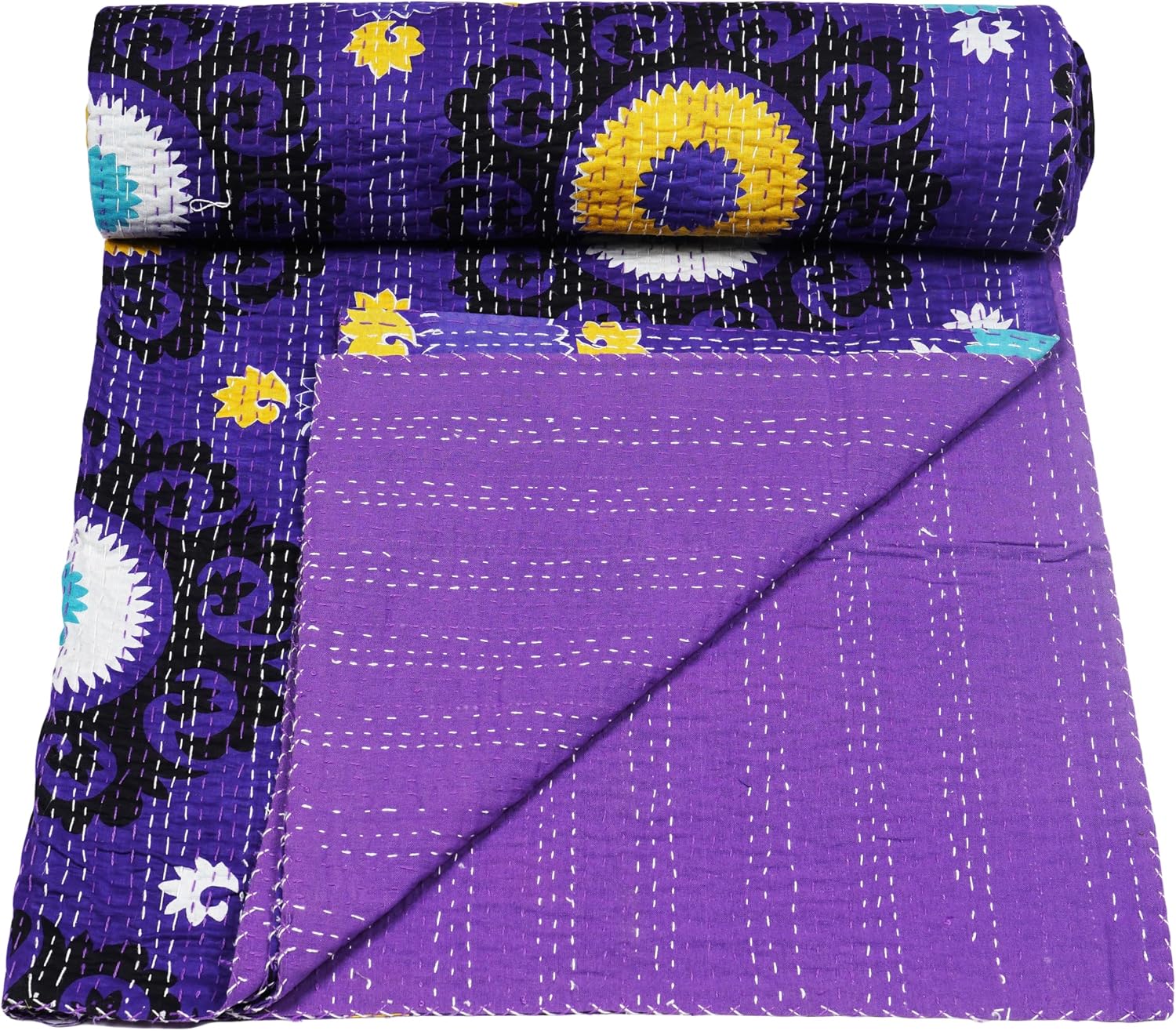 Marubhumi Indian Handmade Traditional Unique Print Kantha Quilt Indian Cotton Bedding Throw Blanket Bespread Hand Stitched with Love (Purple, Queen (90"x 108"))