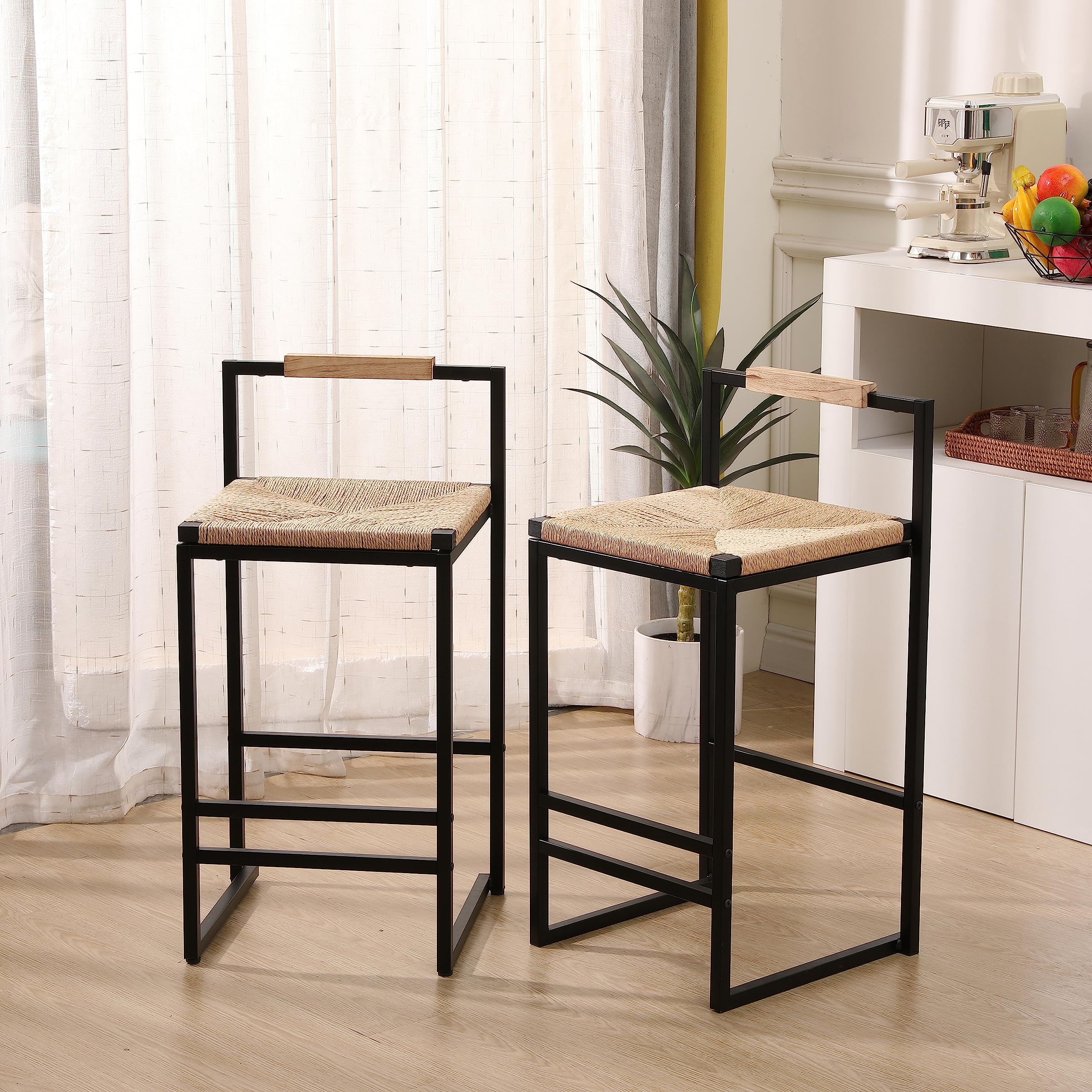Set of 2 Bar Stools with Back, Natural Paper Rope Woven Counter Height Dining Chairs, Metal Frame, Ideal for Kitchen and Home, 16.54" L x 15.35" W x 32.48" H