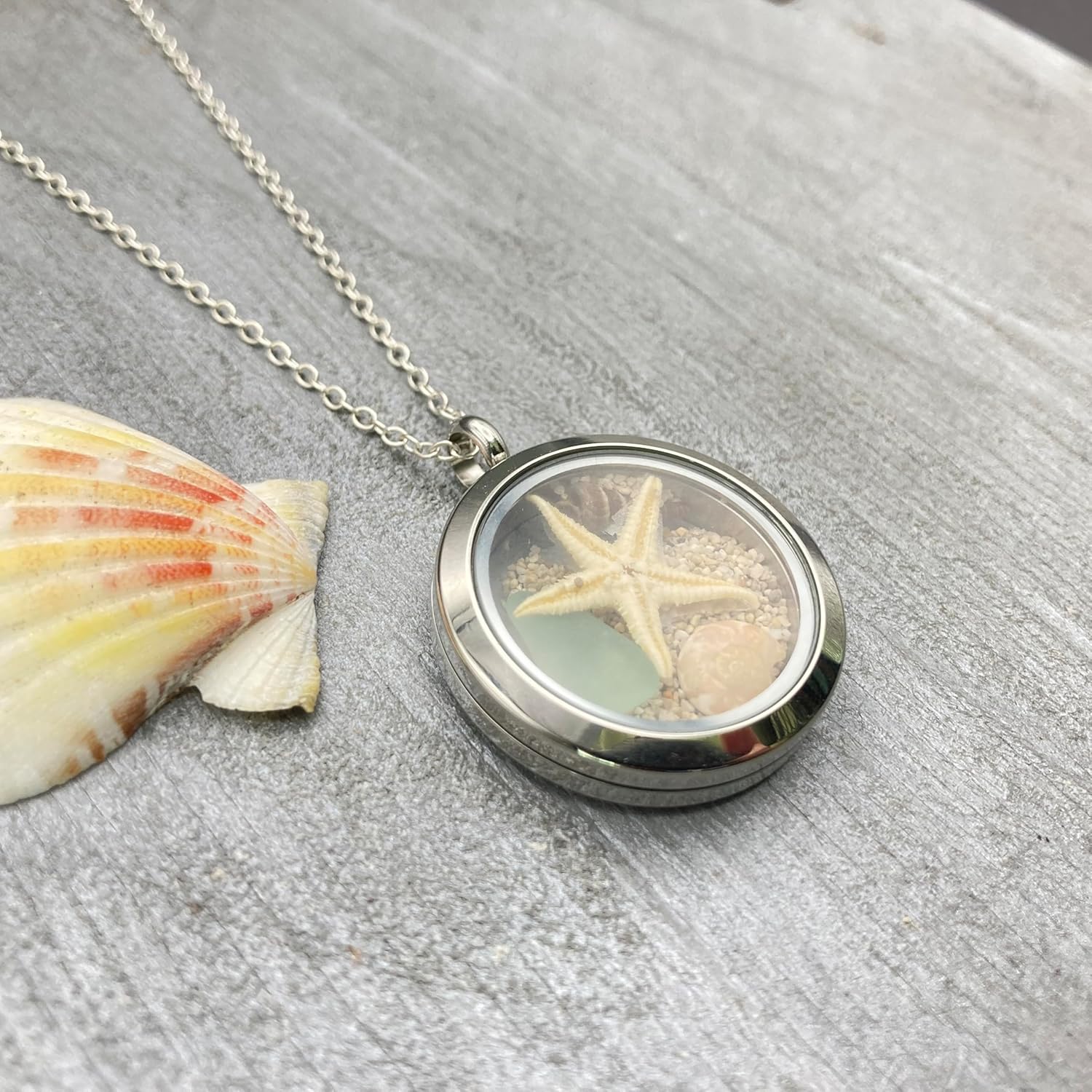 yinahawaii Hawaii Stainless Steel Memory Locket, Natural sea glass, Beach Sand, a Starfish, an Auger Shell and a Button shell, (Hawaii Gift Wrapped, Customizable Gift Message)