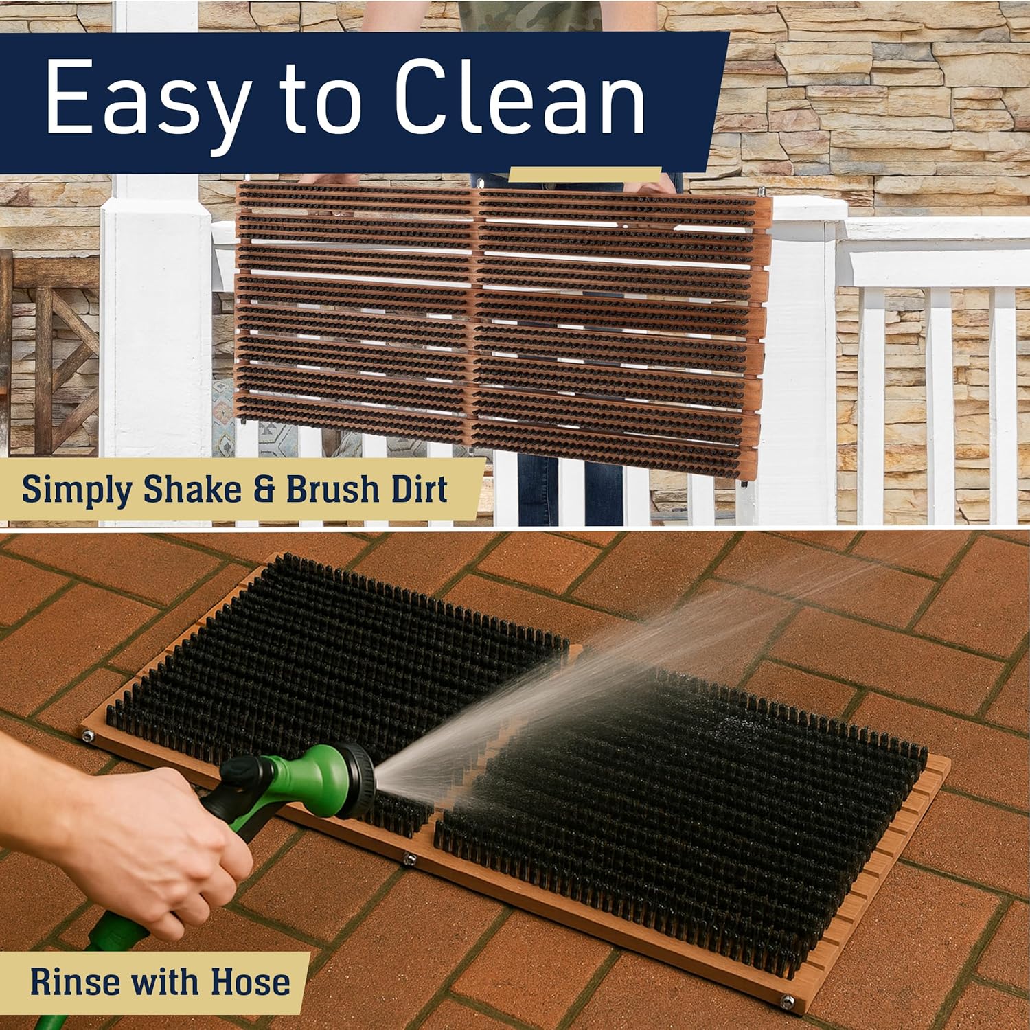 Kings County Tools Wooden Door Mat - 31.5” x 14” Boot Brush Scraper Outdoor Mat - Front Doormat Outside Entrance with Built-in PVC Shoe Cleaner Brush Bristles and Non-Slip Rubber Backing