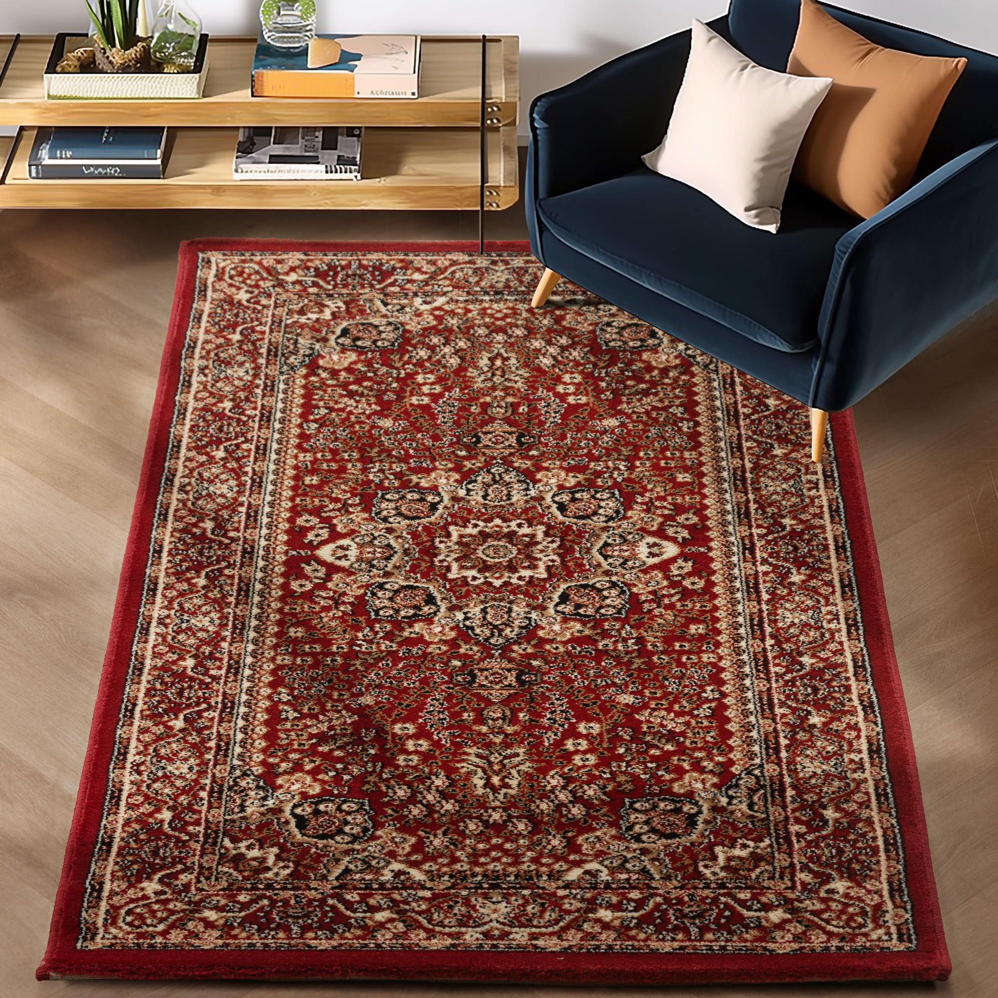 Carpettex Kurzflor Orientalischer Teppich - Klassisch Optik Webteppich Rot 120 x 170 cm - Vintage Wohnzimmerteppich Schlafzimmer Weich Waschbar Küchenteppich