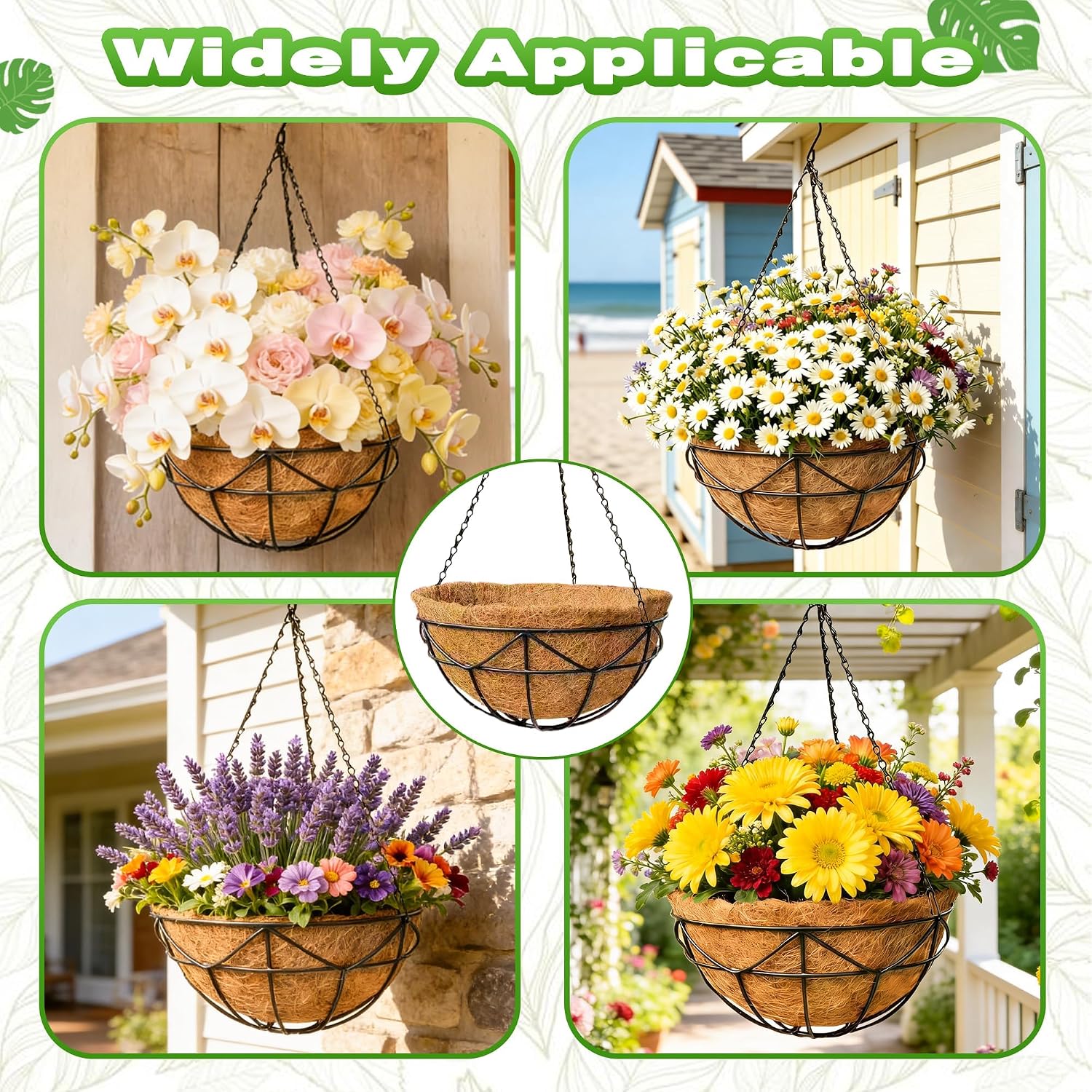 4 Pack 12 Inch Metal Outdoor Hanging Baskets Black Heavy Duty Hanging Planters with Coco Liners for Indoor Outdoor Plants Gardens Patios Terraces（Geometric）