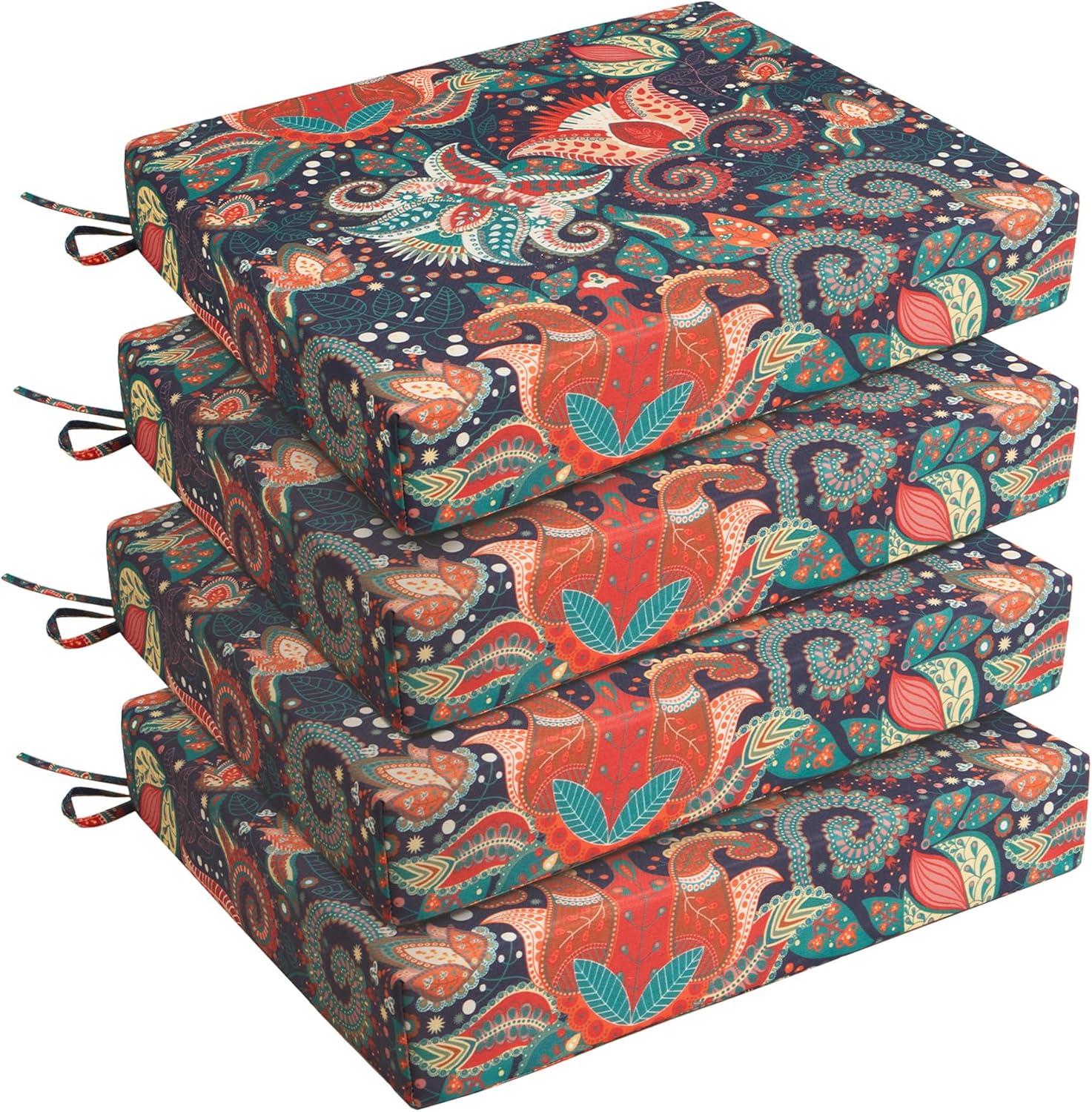 UNIKOME Outdoor Chair Cushions Pack of 4, Water Resistant Patio Cushions with Ties, High Density Sponge Filling Square Corner Seat Cushions for Outdoor Furniture, 18.5"*16"*3", Boho