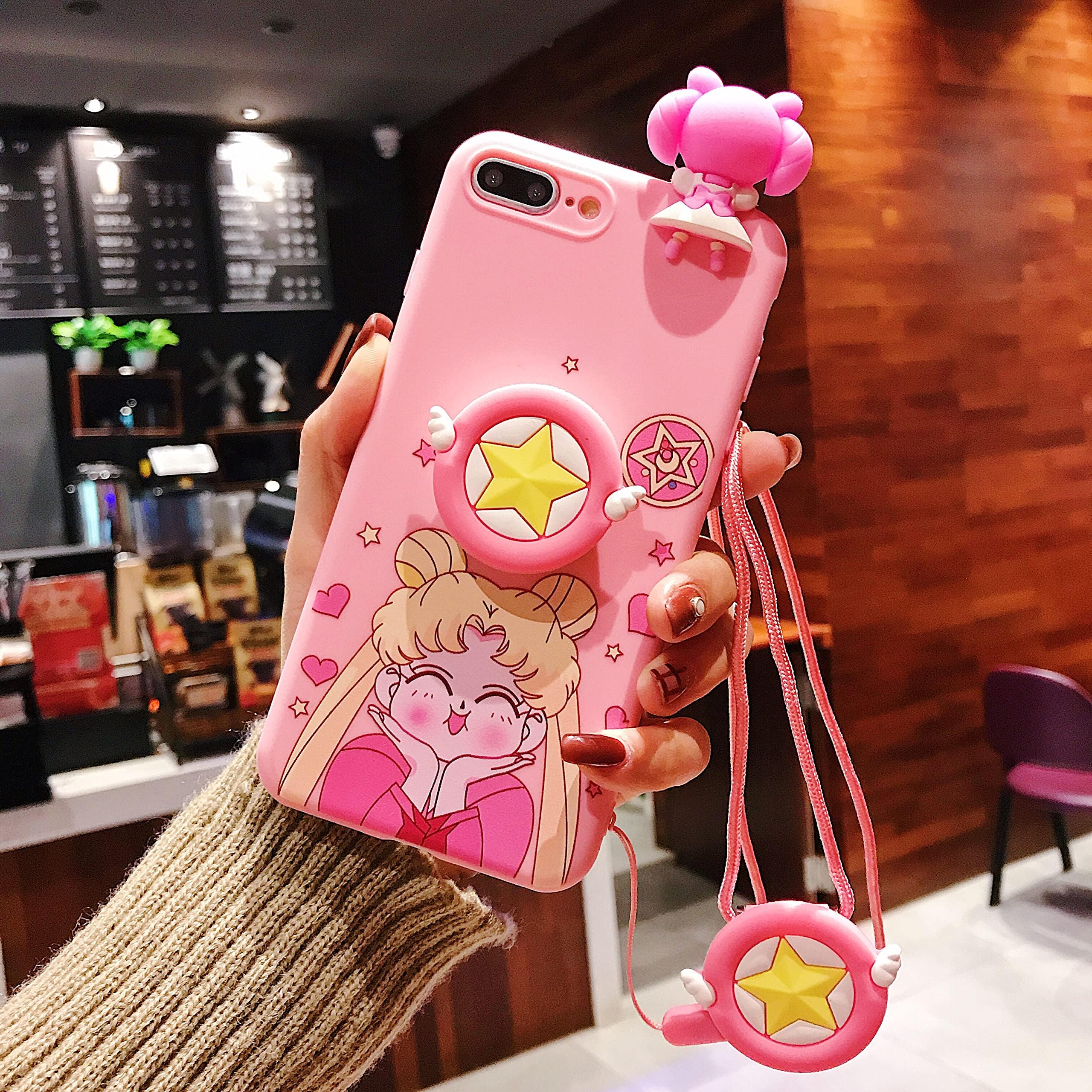 [MOQINO] Cartoon Funny Pink Moon for iPhone Case Holder Stand Strap Soft TPU Case Cover Phone Case (Style 2,iPhone XR)