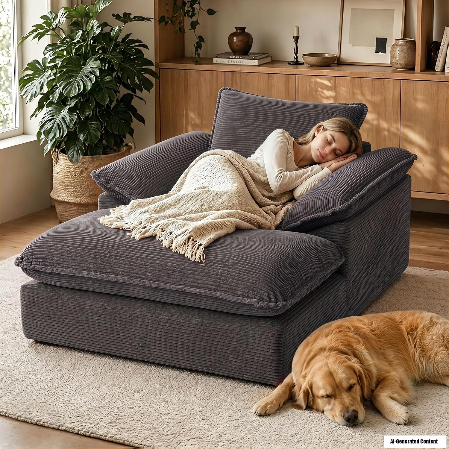 67" Oversized Chaise Lounge Chair Indoor, Boneless Large Comfy Reading Chair, Corduroy Upholstered Deep Seat Sleeper Sofa Bed,Chaise Lounge Couch with Padded Armrests for Living Room,Bedroom,Dark Grey