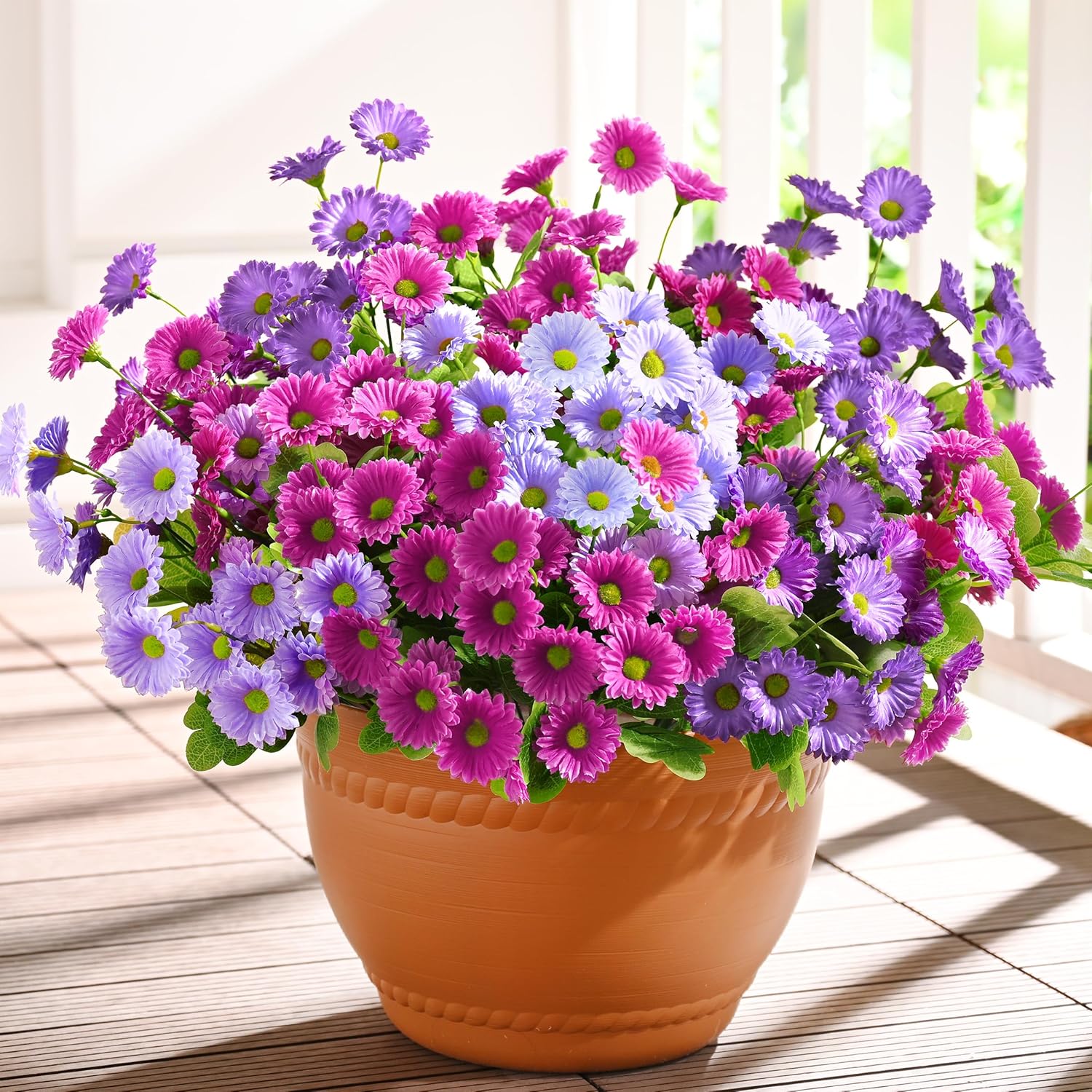 Waipfaru Artificial Flowers for Outdoors Faux Plants, UV Resistant Artificial Outdoor Flowers, Silk Daisy Realistic Fake Mums Flower for Front Porch Spring Home Planter Patio Decor, 6 Bundles, Mix