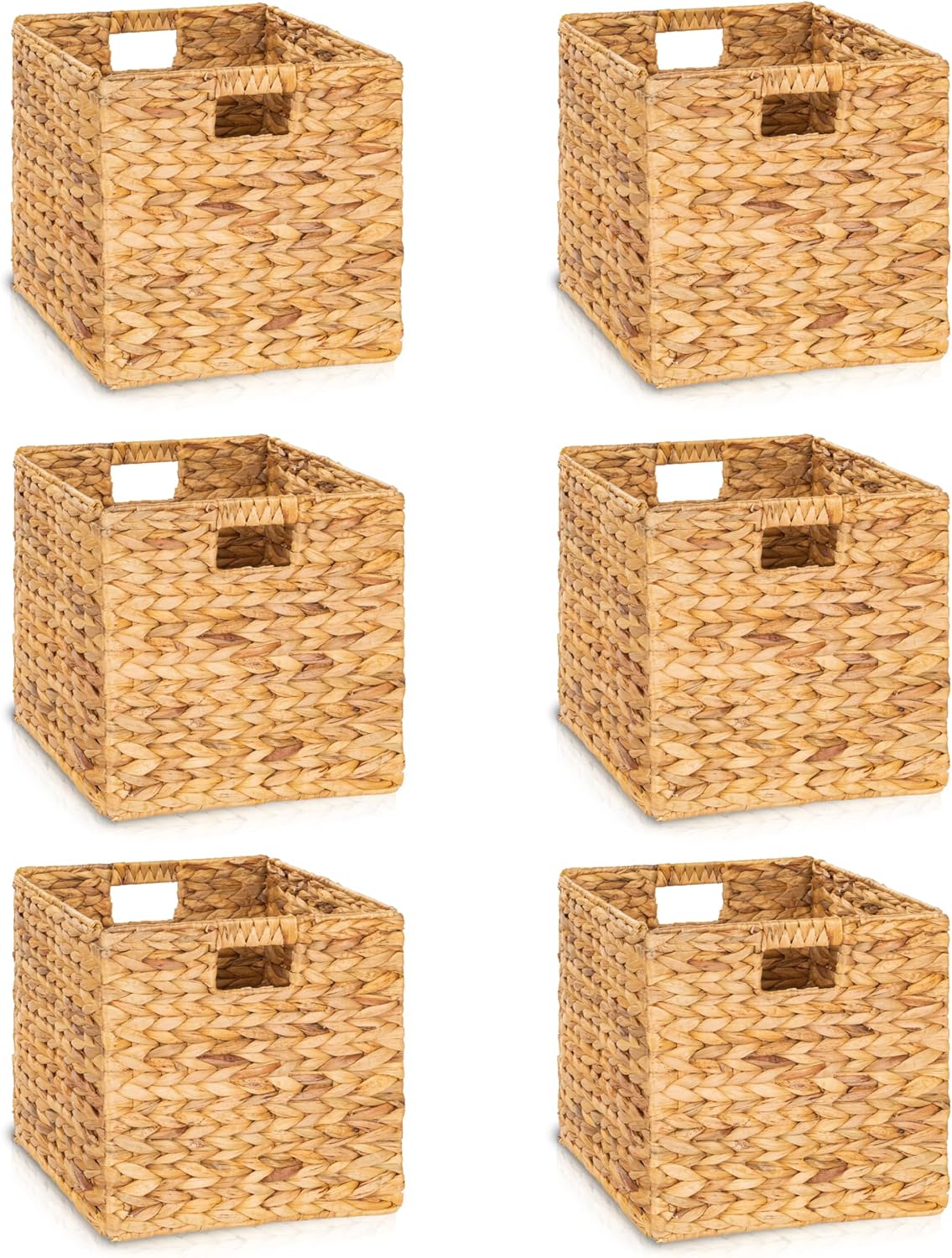 12.5x12.5in Wicker Storage Baskets, Handwoven Water Hyacinth Foldable Cube Bins for 13.5" × 13.5" and Larger Cube Shelves, Set of 6 (Natural)
