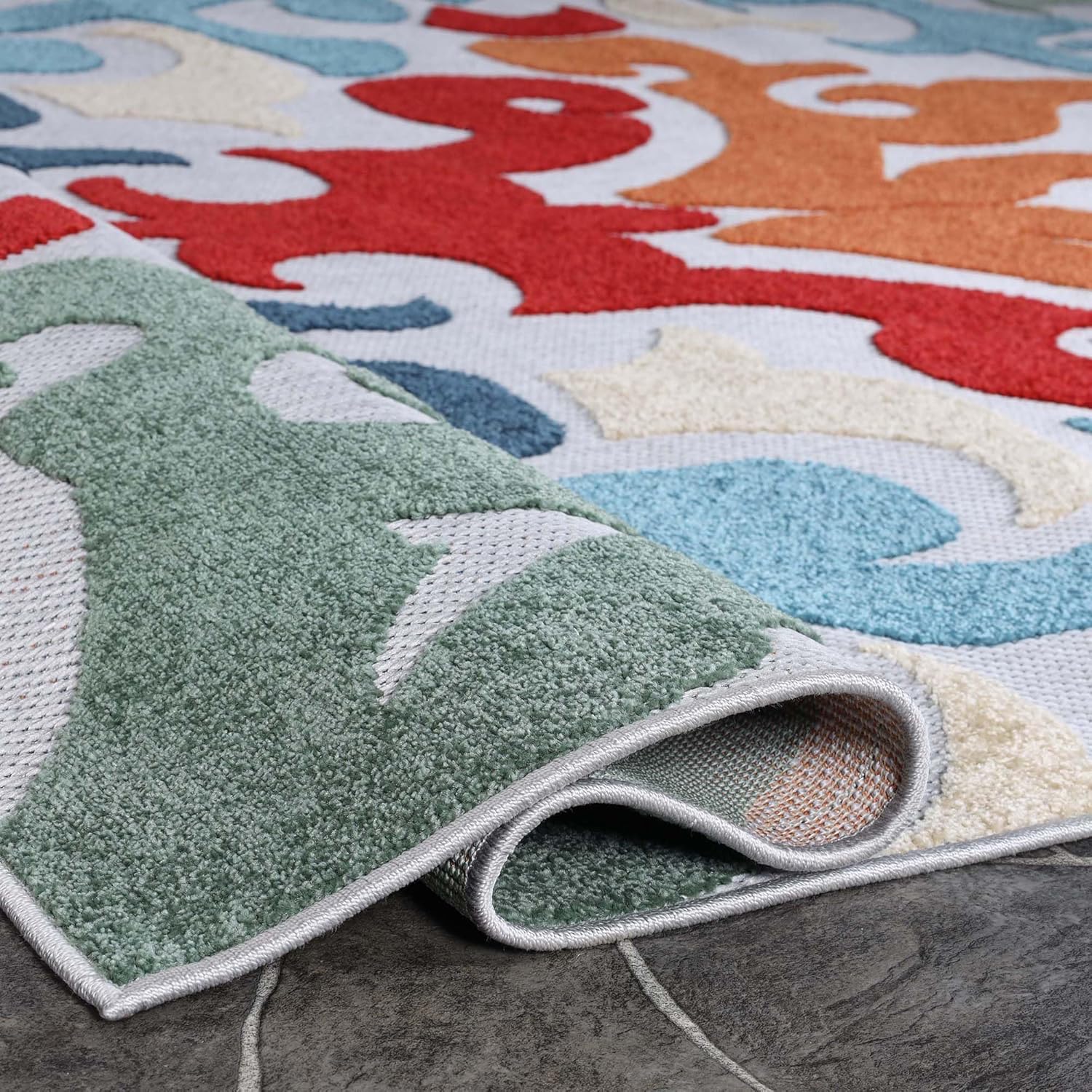 Superior Aldaine Indoor Outdoor Area Rug, Perfect for Patio, Poolside, Backyard, Playroom, Kitchen, Bedroom, Dining Room, Entryway, Mudroom, Vintage Damask Floor Cover, 4' x 6', Multicolor